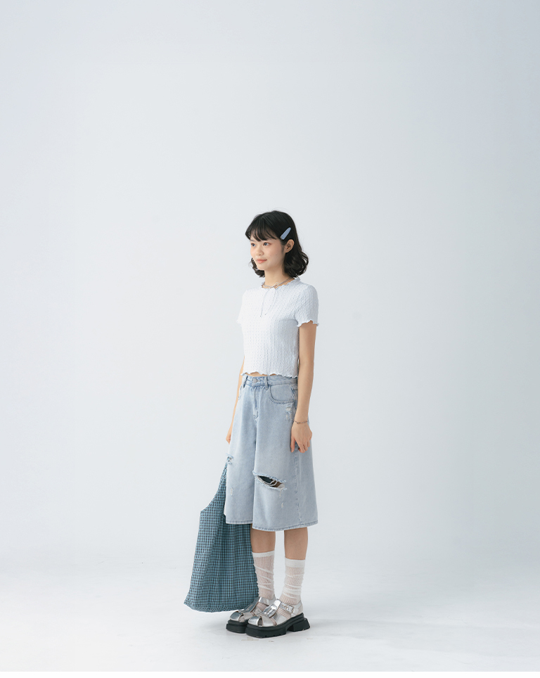 3D Jacquard Textured Ruffled Short-Sleeve Top - Blue S/M【01099810】in stock+pre-order