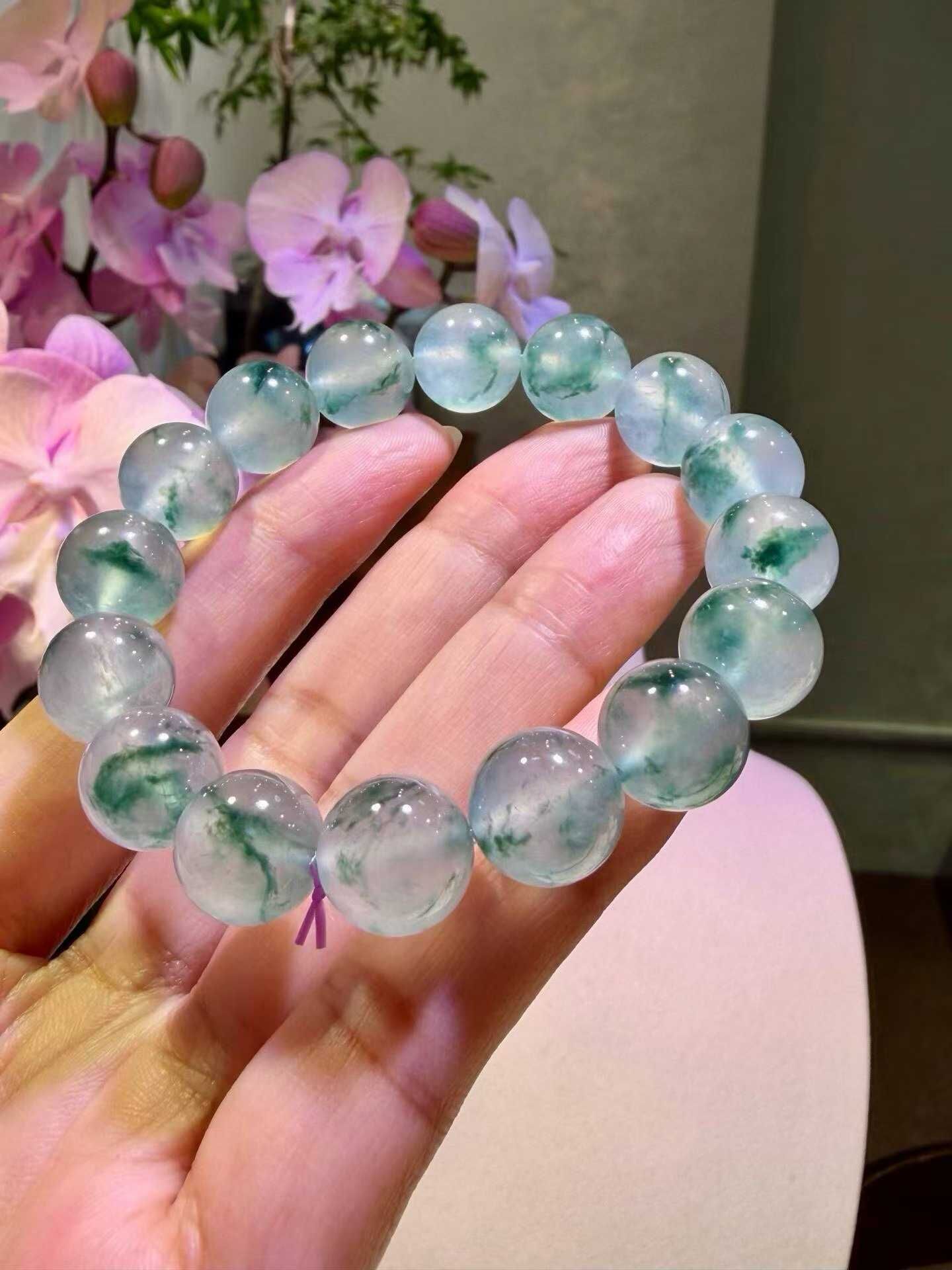 627354 翡翠高冰飄蘭花手串 (12.6mm直徑)