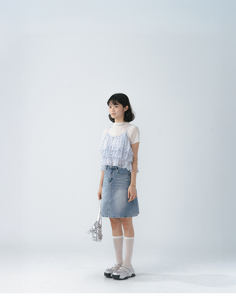 Full-print flocked heart multi-layered ruffle vest - blue【01099819】in stock+pre-order