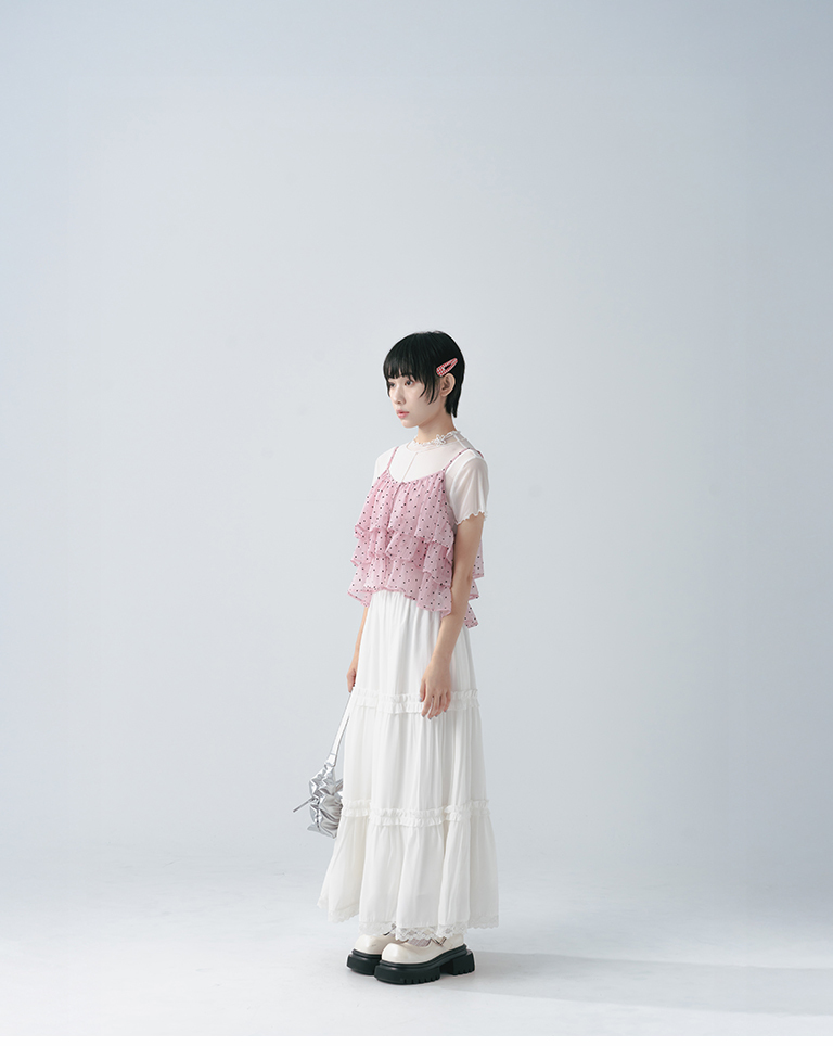 Full-print flocked heart multi-layered ruffle vest - pink【01099820】in stock+pre-order