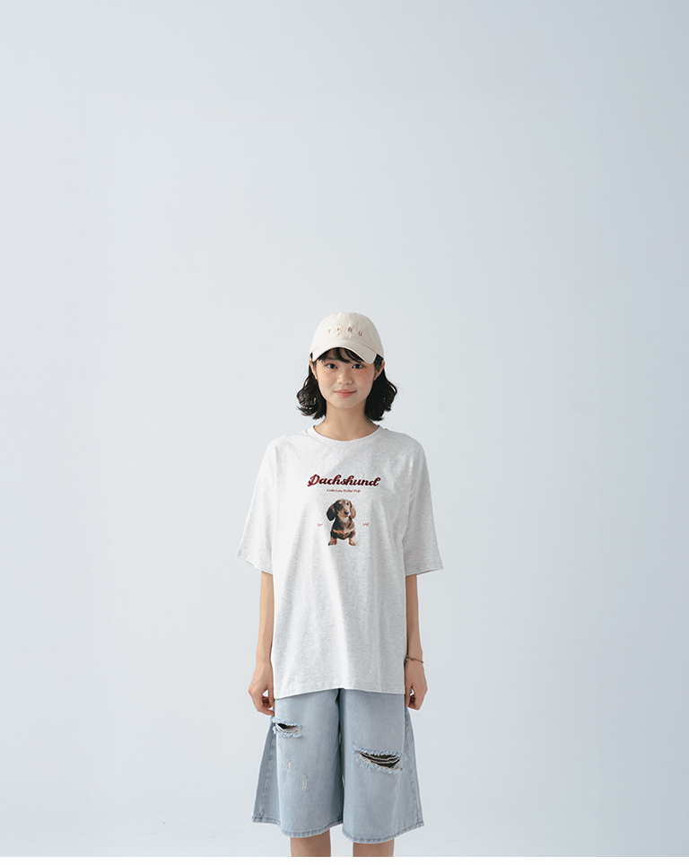 Dachshund embroidered print wide-sleeved short-sleeved top, available in two colors.【01190413】in stock+pre-order