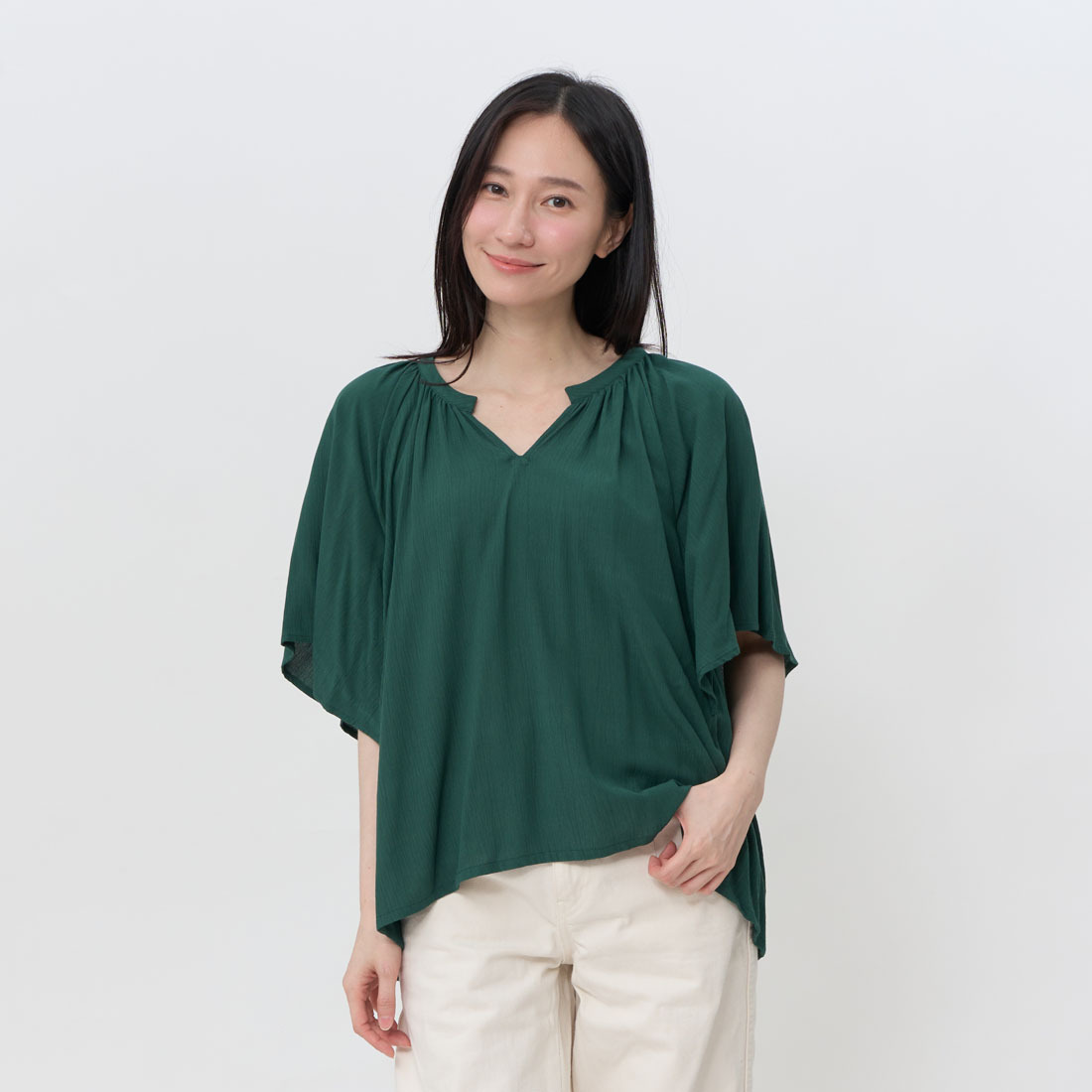 Selina小V領落肩手帕袖上衣/ 綠
