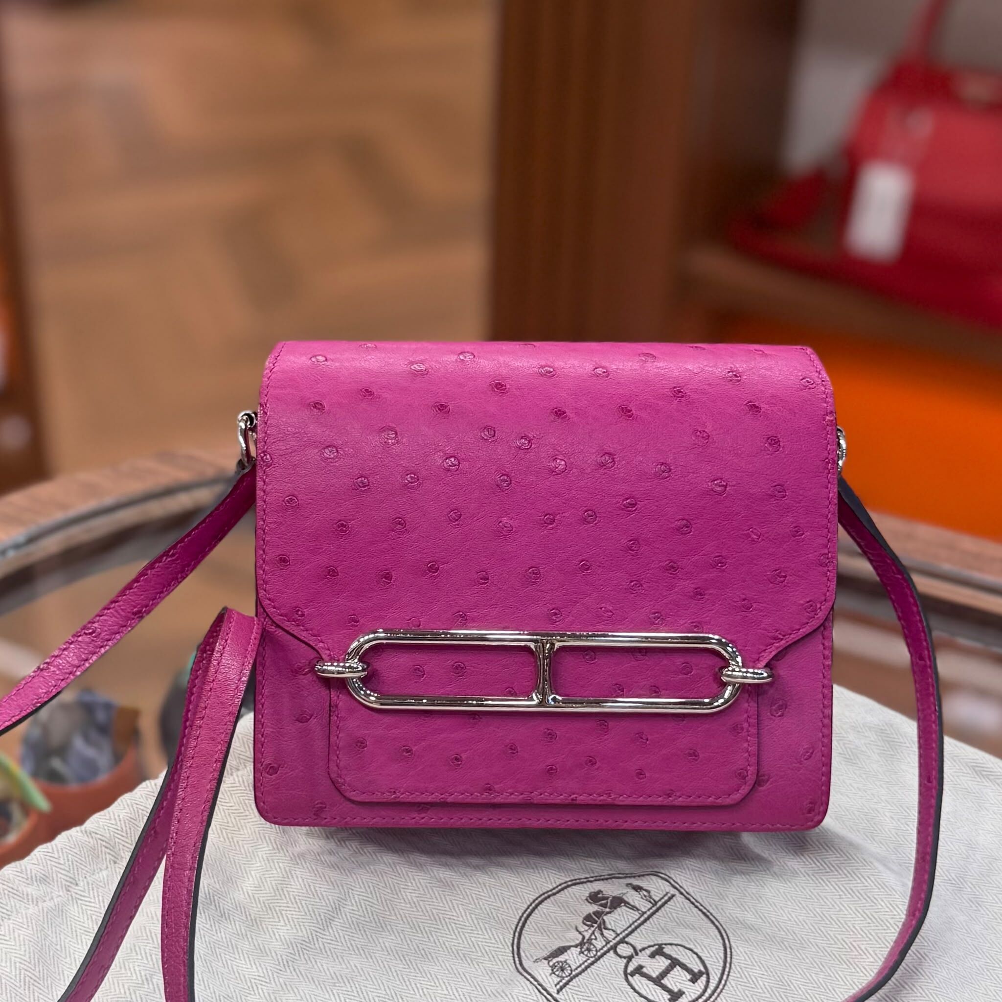 90%NEW USED HERMES MINI ROULIS 玫瑰粉銀扣鴕鳥皮 L3 ROSE PURPLE OSTRICH STAMP D #愛馬仕豬鼻包