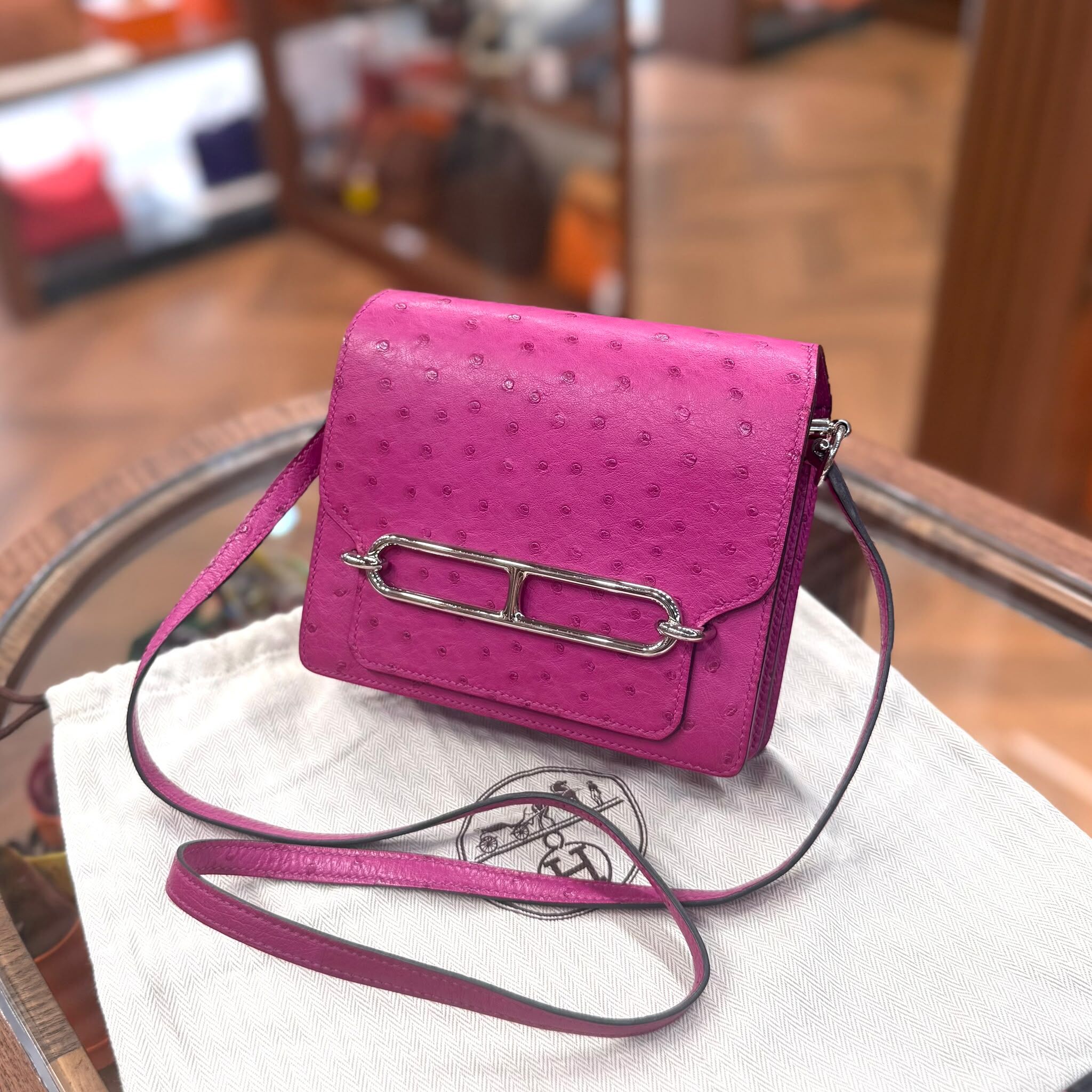 90%NEW USED HERMES MINI ROULIS 玫瑰粉銀扣鴕鳥皮 L3 ROSE PURPLE OSTRICH STAMP D #愛馬仕豬鼻包