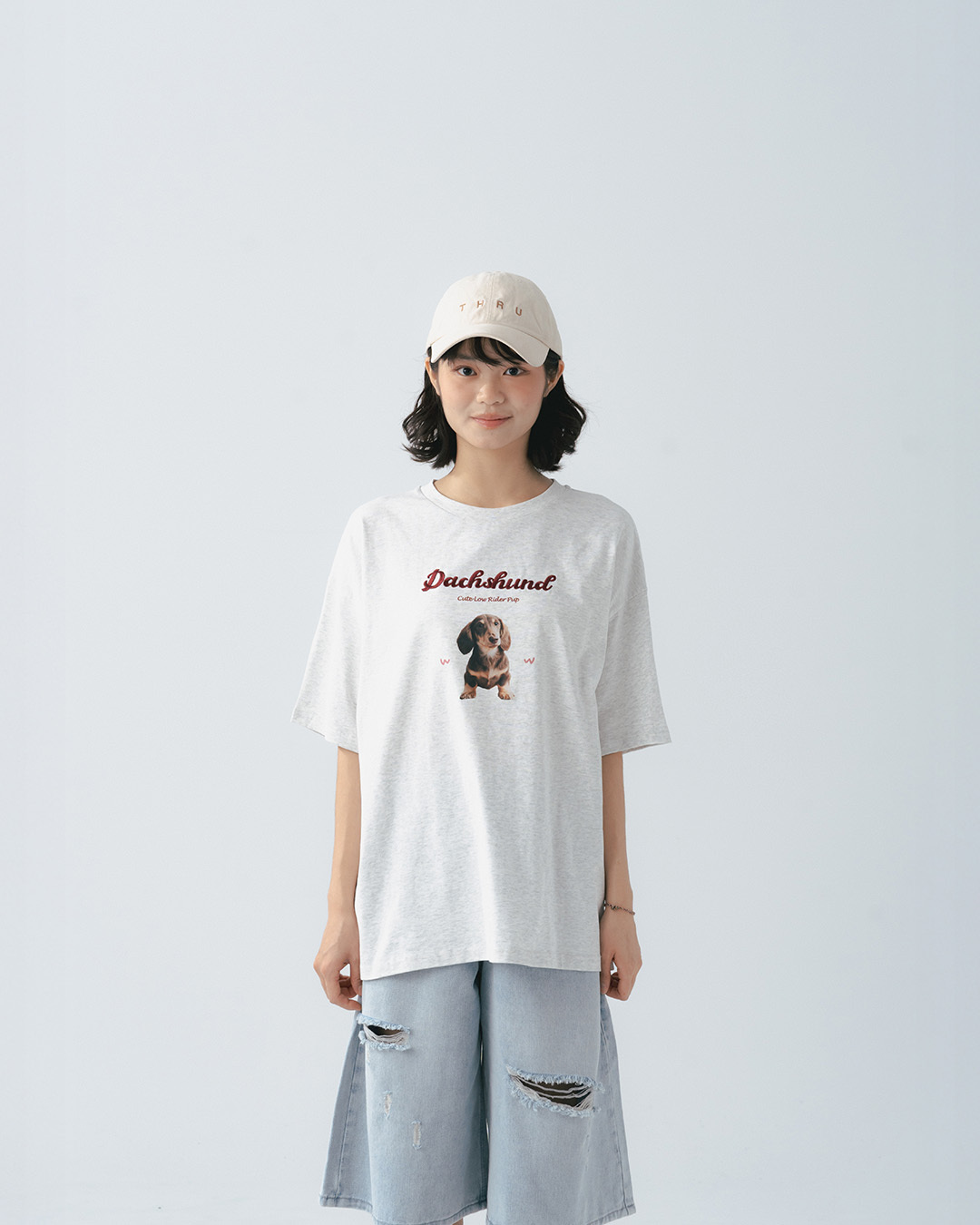 Dachshund embroidered print wide-sleeved short-sleeved top, available in two colors.【01190413】in stock+pre-order