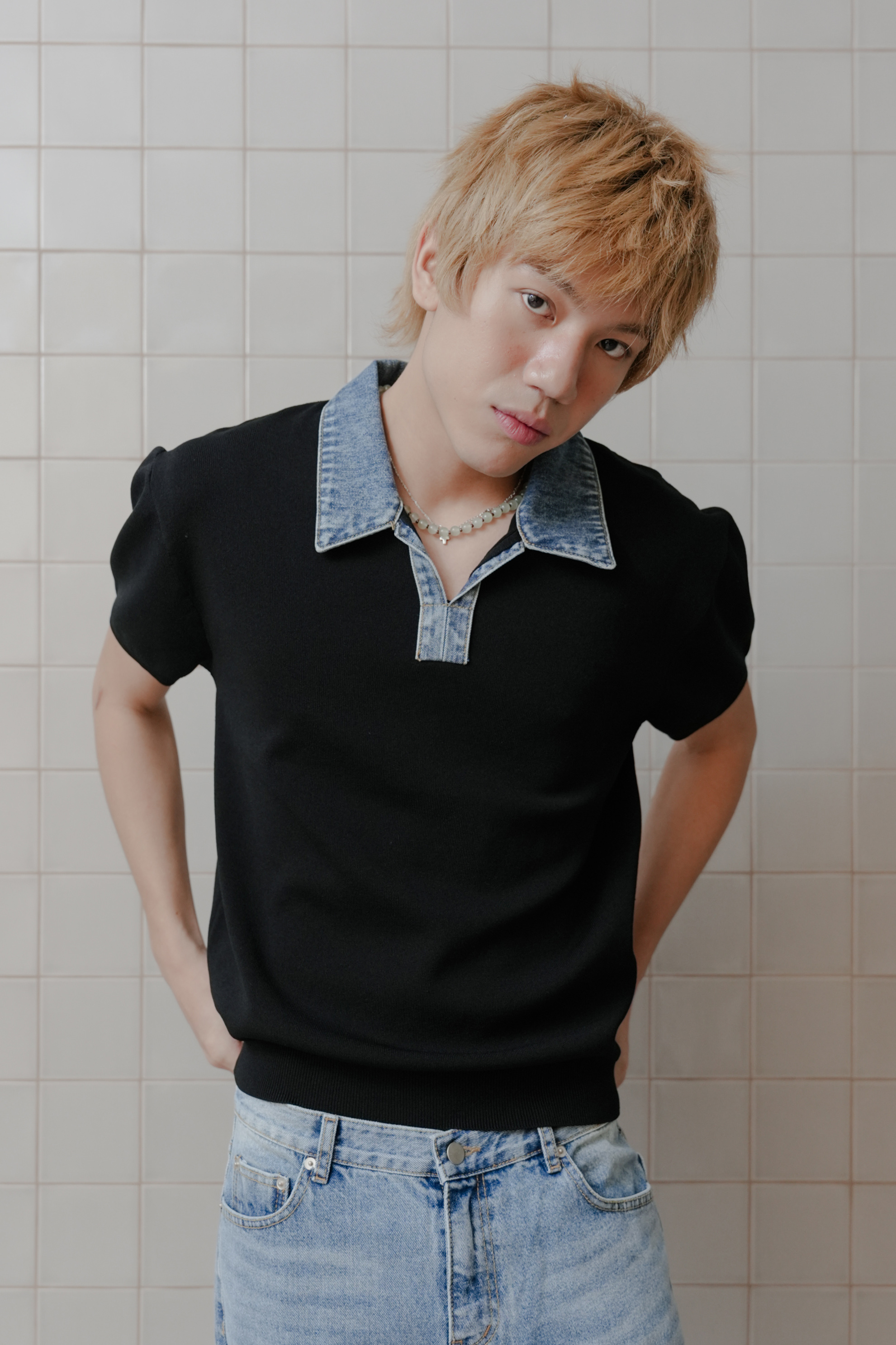denim collar short sleeve knit #上衣