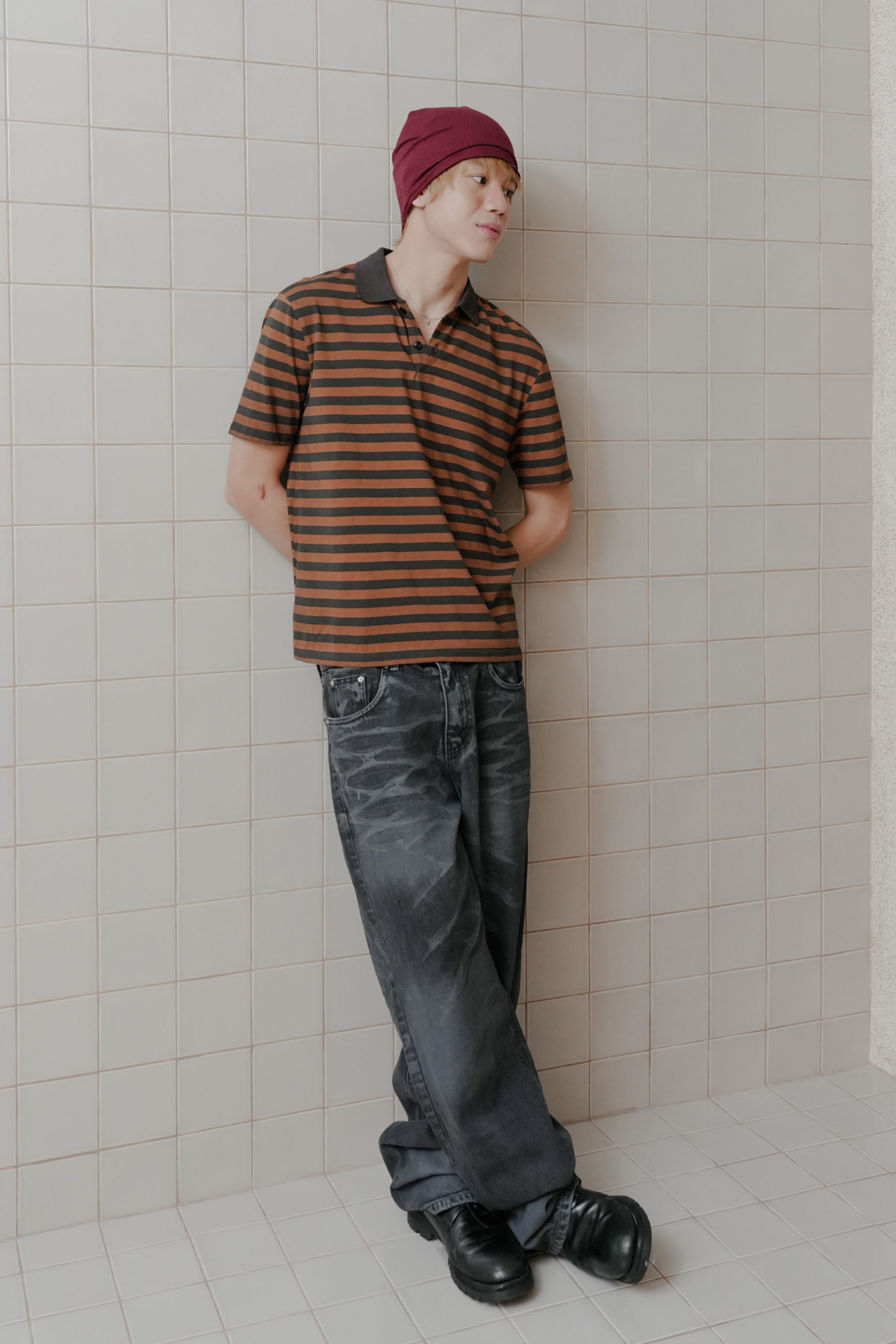 dyed stripe collar tee #上衣