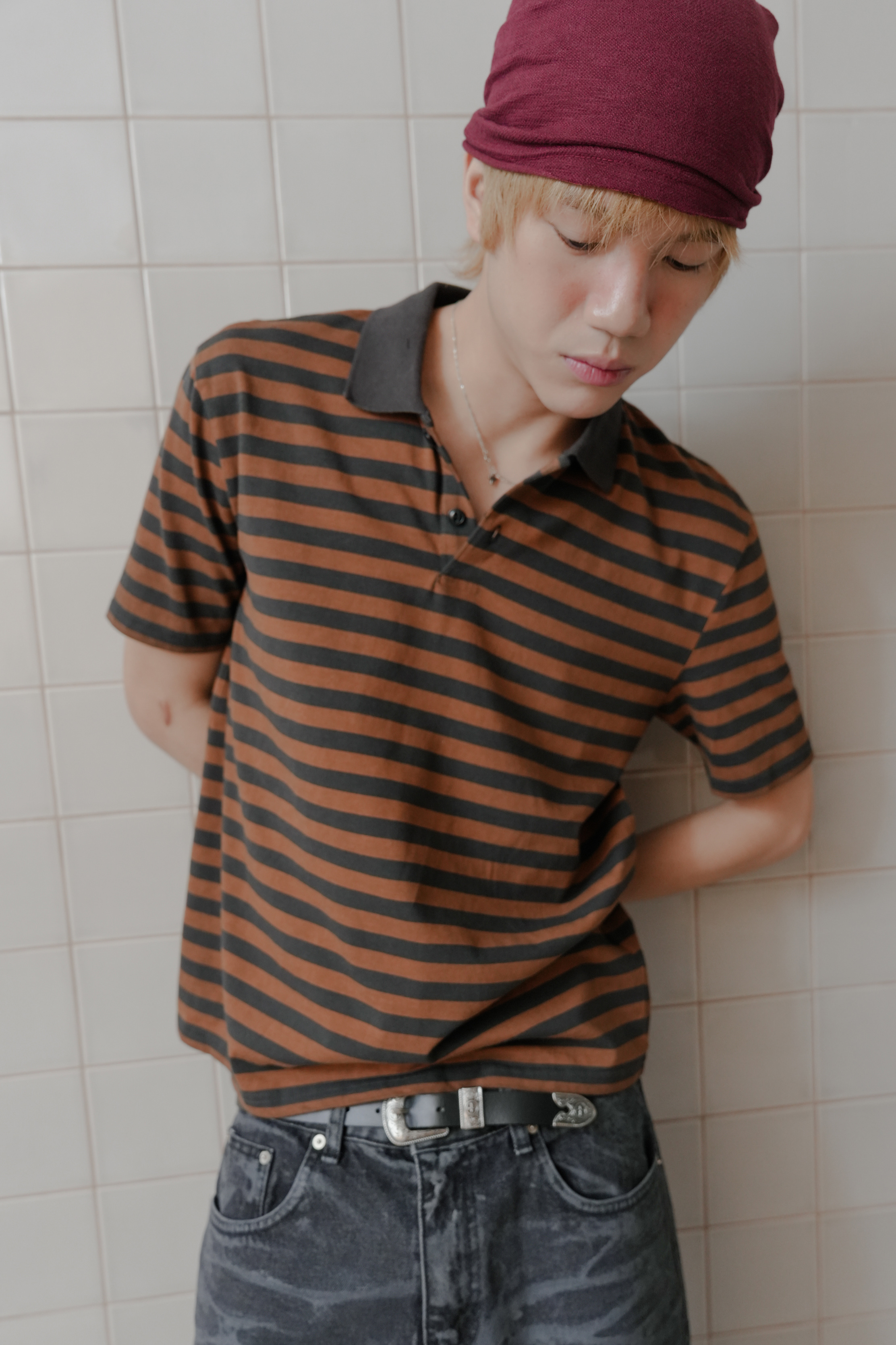 dyed stripe collar tee #上衣