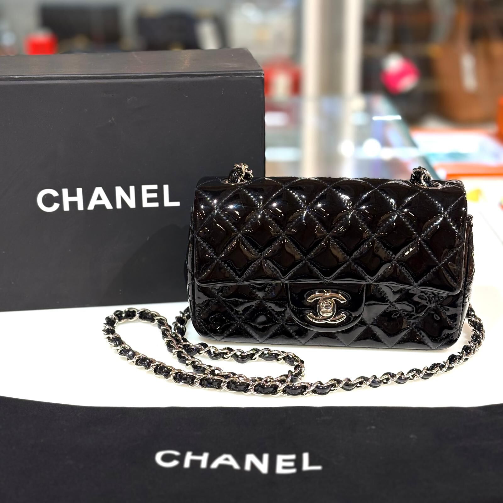 98%NEW二手CHANEL CF20 A69900 黑色漆皮銀扣 CF大MINI @21開 #香榭站正品