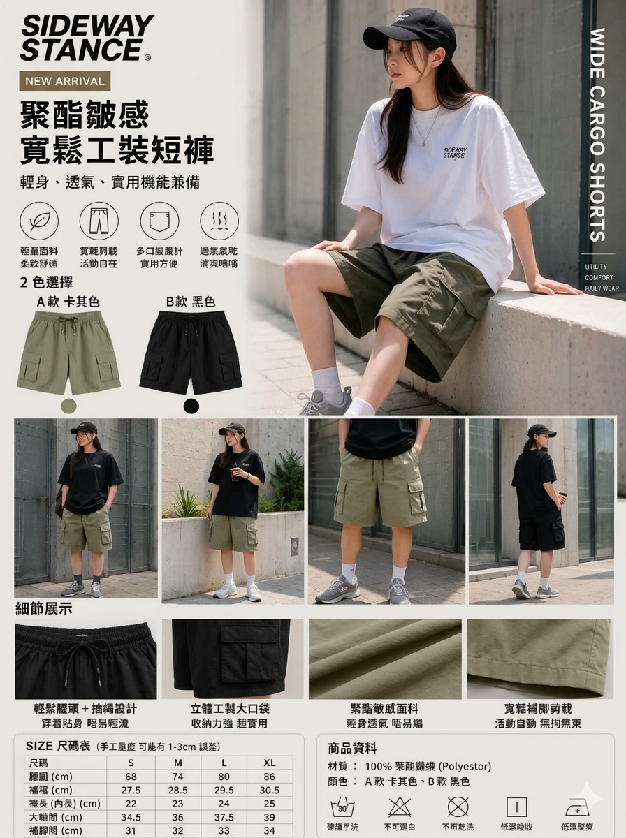 【預購】J070804 SIDEWAY STANCE 聚酯皺感寬鬆工裝短褲