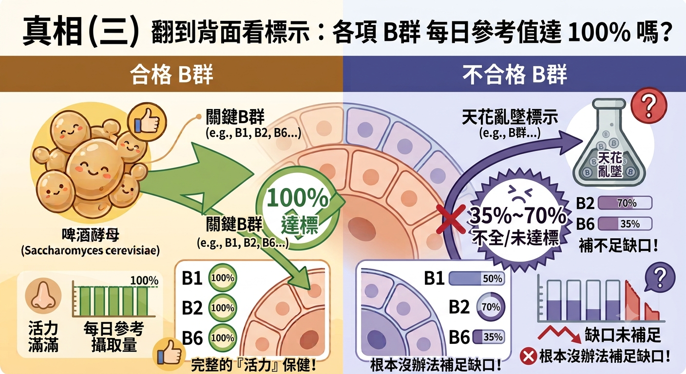 真相（三）翻到背面看標示 ：各項 B群每日參考值達 100%嗎？