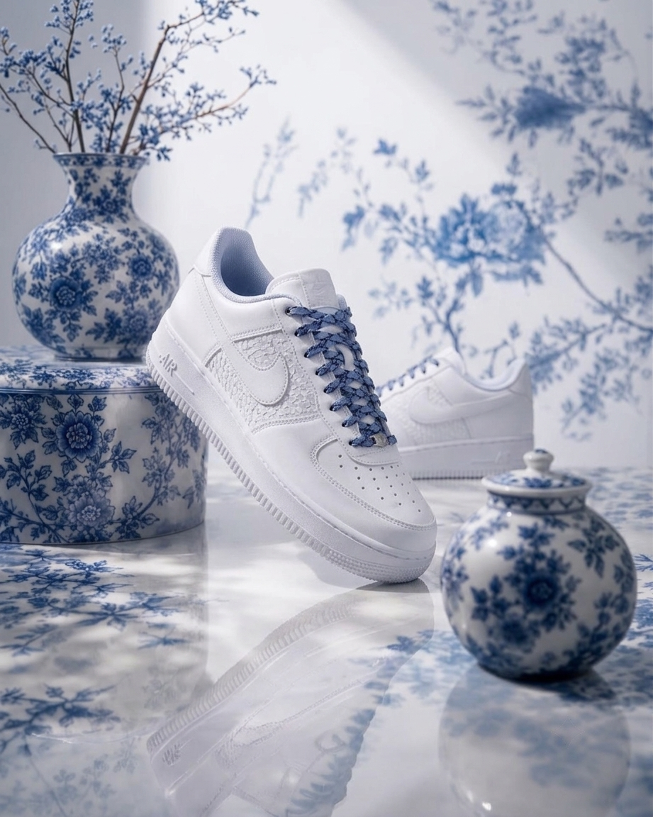 <天青色等煙雨>Nike Air Force 1 青花瓷 荔枝皮 編織 白藍