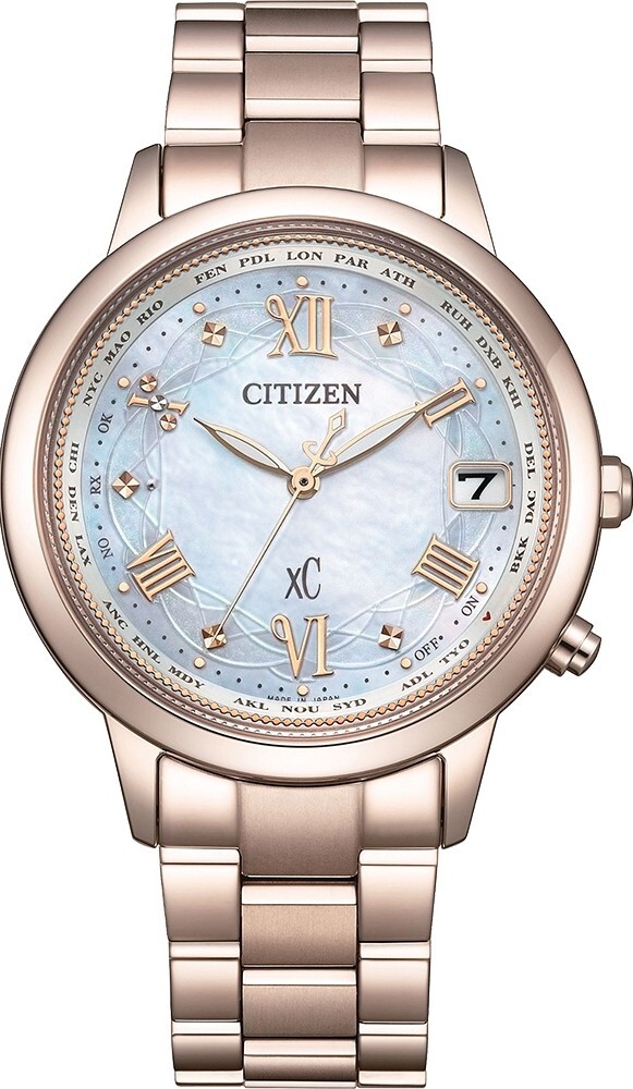 萬年鐘錶 - Citizen 星辰錶  XC   台灣限定款花嫁櫻花粉玫瑰金世界時間鈦金屬光動能電波女錶 CB1135-52D 錶徑36MM