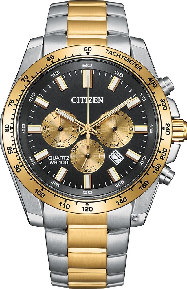 萬年鐘錶 - Citizen 星辰錶  黑x金色運動三眼計時不鏽鋼男錶 AN8234-58E 錶徑44MM