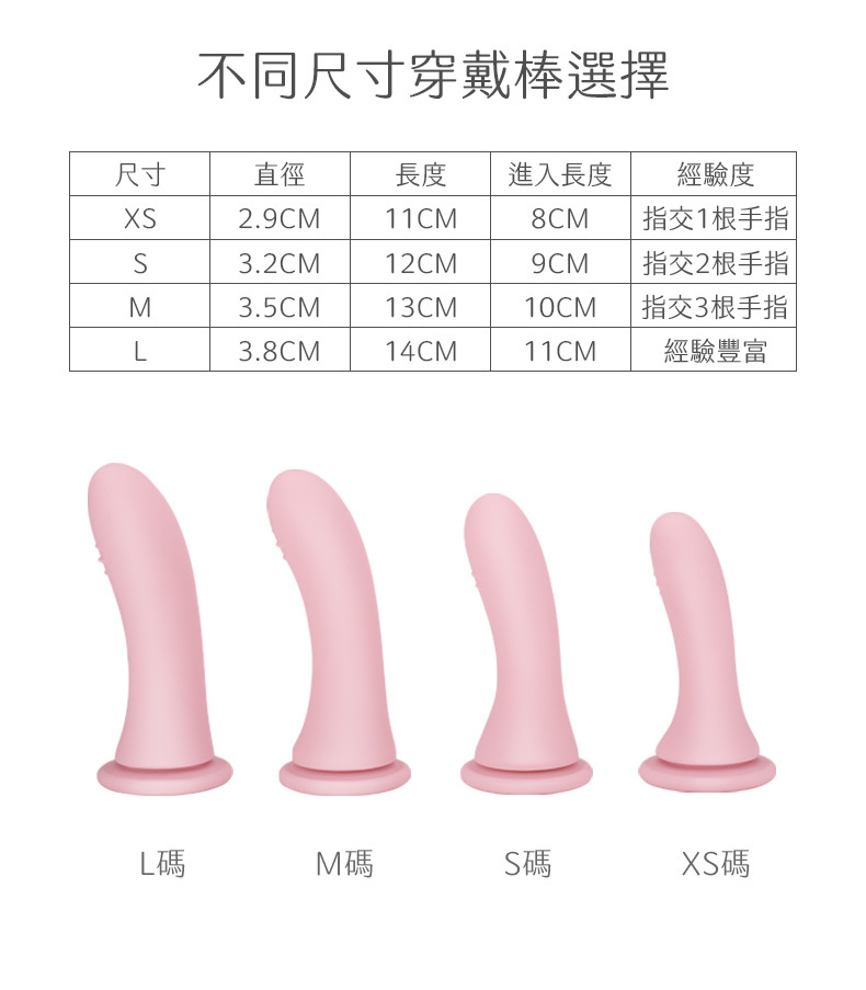 Roomfun 二代升級穿戴式按摩棒套裝尺寸選擇，圖表列出 XS 至 L 四款的直徑與長度，從初探到飽滿感的網購首選規格一目了然。