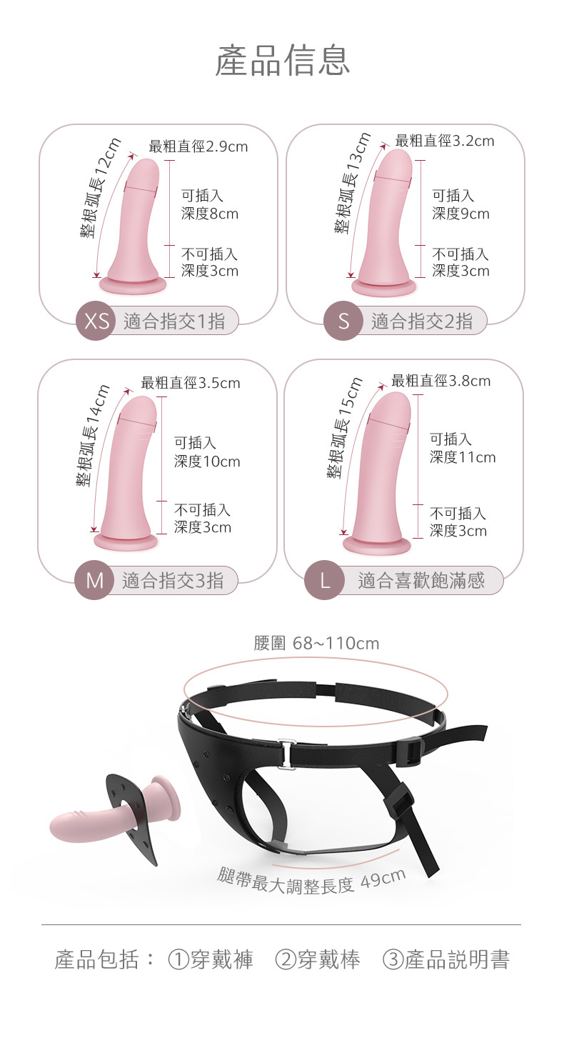 Roomfun 二代升級穿戴式按摩棒套裝完整規格，XS 至 L 四尺寸的弧長與可插入深度加上腰帶細節，購買前最全面的香港現貨資訊參考。