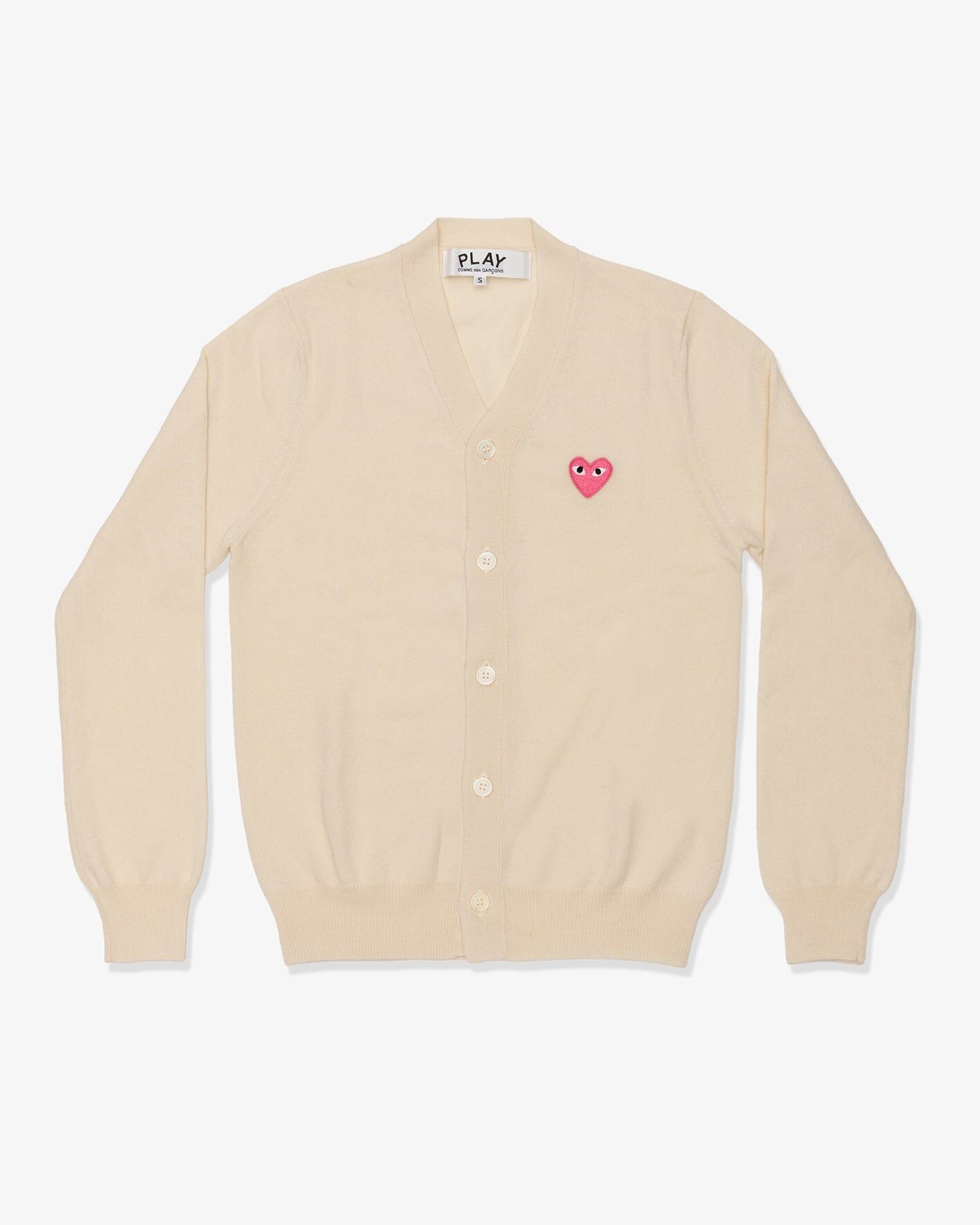 PLAY CDG Polyester V領 粉紅愛心繡標Top Worsted Yarn Lambswool Jersey V-neck Cardigan with Pink Emblem