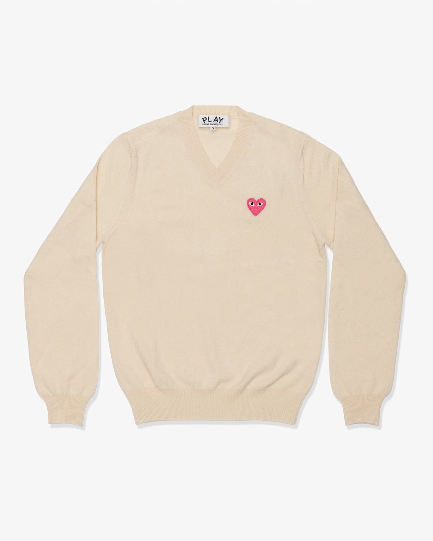 PLAY CDG Polyester V領毛衣  粉紅愛心繡標Top Worsted Yarn Lambswool Jersey Round Neck Cardigan with Pink Emblem