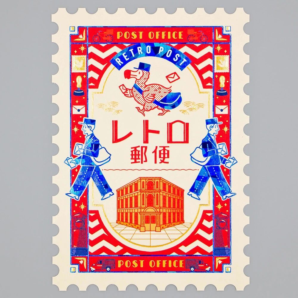 ob1toy_渡渡鳥郵差 復古郵票 燙金明信片｜日本ROKKAKU