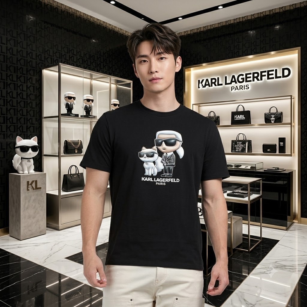 【預購】KARL LAGERFELD PARIS H0707332 男裝老佛爺與貓印花短袖上衣 (黑色)