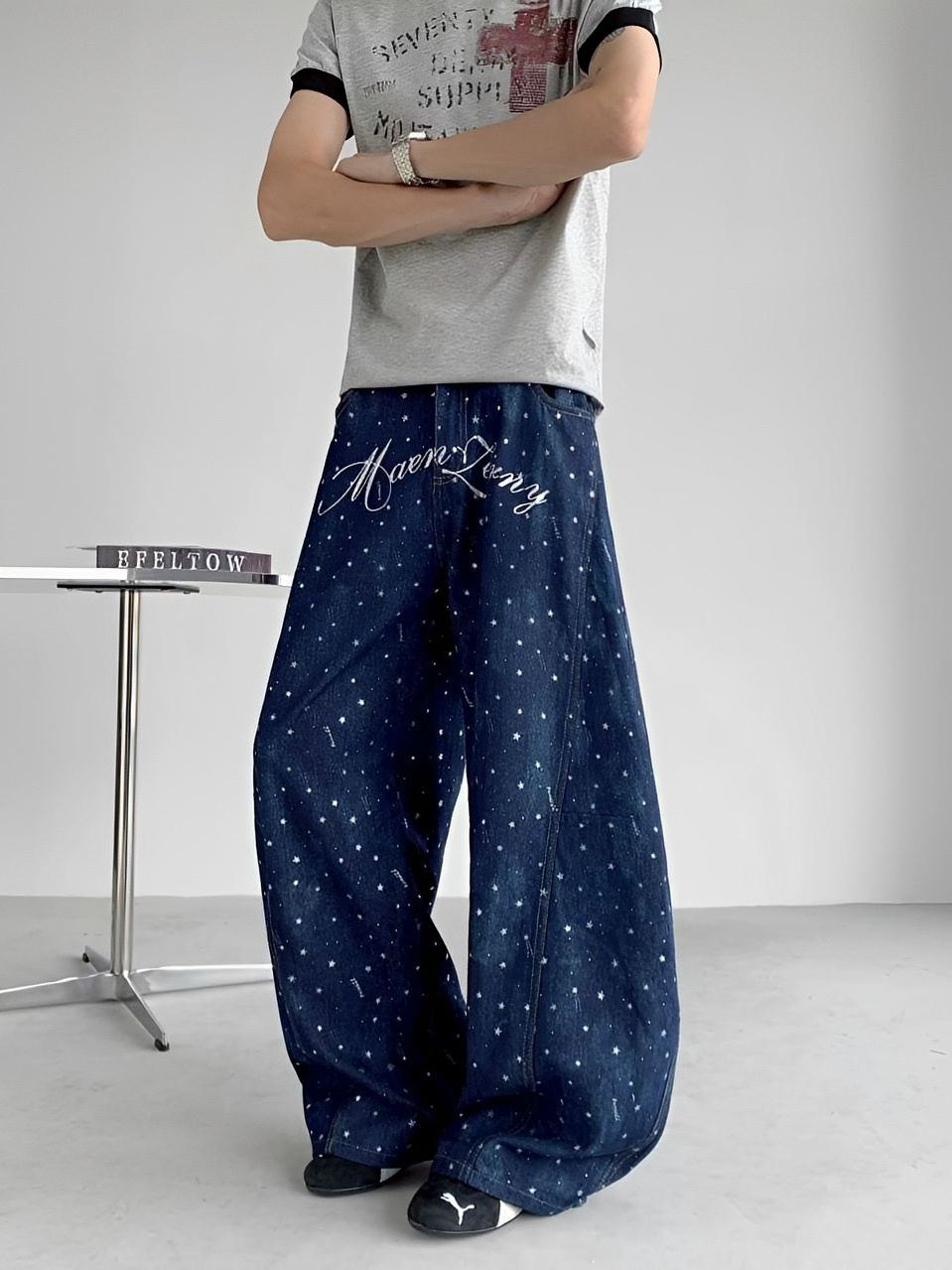 美式 復古 星星 雪花 牛仔 彎刀褲