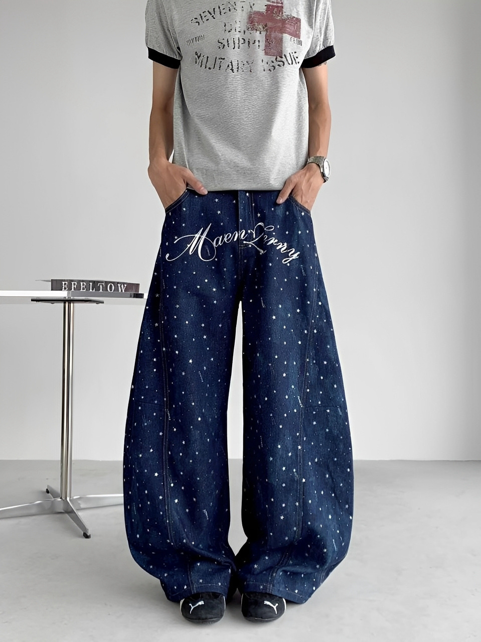美式 復古 星星 雪花 牛仔 彎刀褲