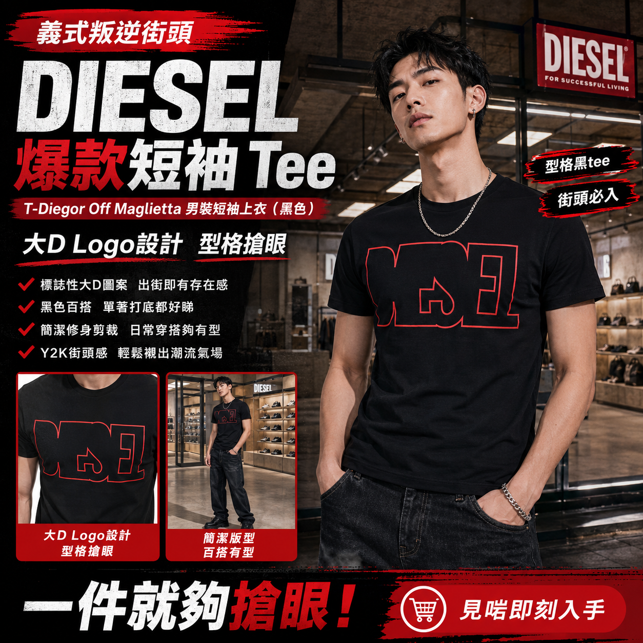【預購】DIESEL H070753 T-Diegor Off Maglietta 男裝短袖上衣 (黑色)