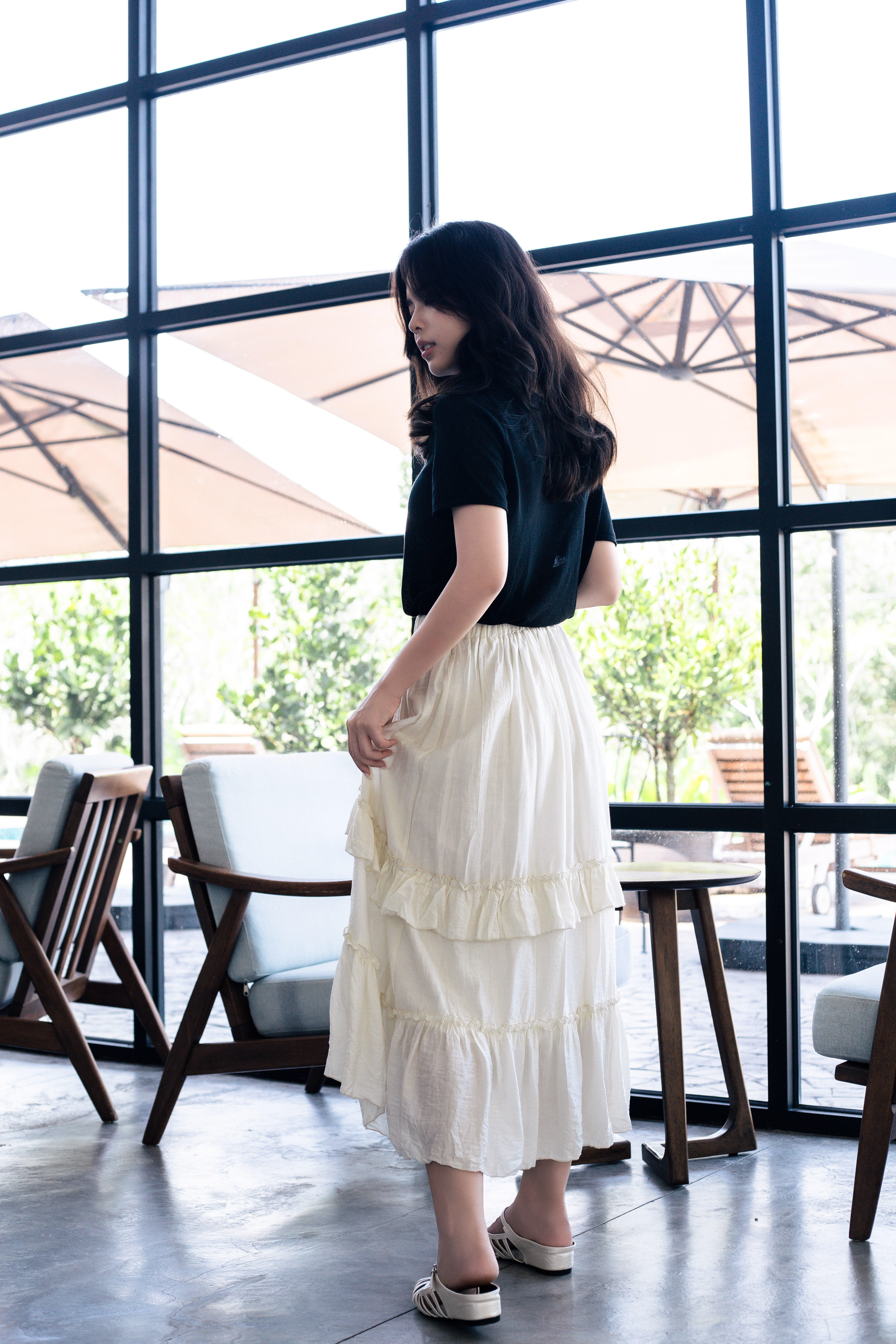 Klyne Asymmetrical Ruffle Skirt Beige - 2819SKBEI
