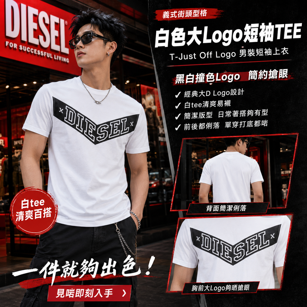 【預購】DIESEL H070750 T-Just Off Logo 男裝短袖上衣 (白色)