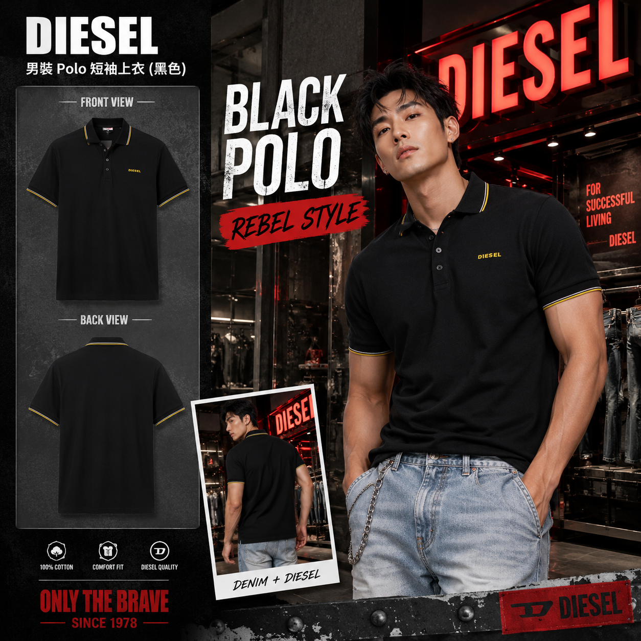 【預購】DIESEL H070745  男裝Polo短袖上衣 (黑色)