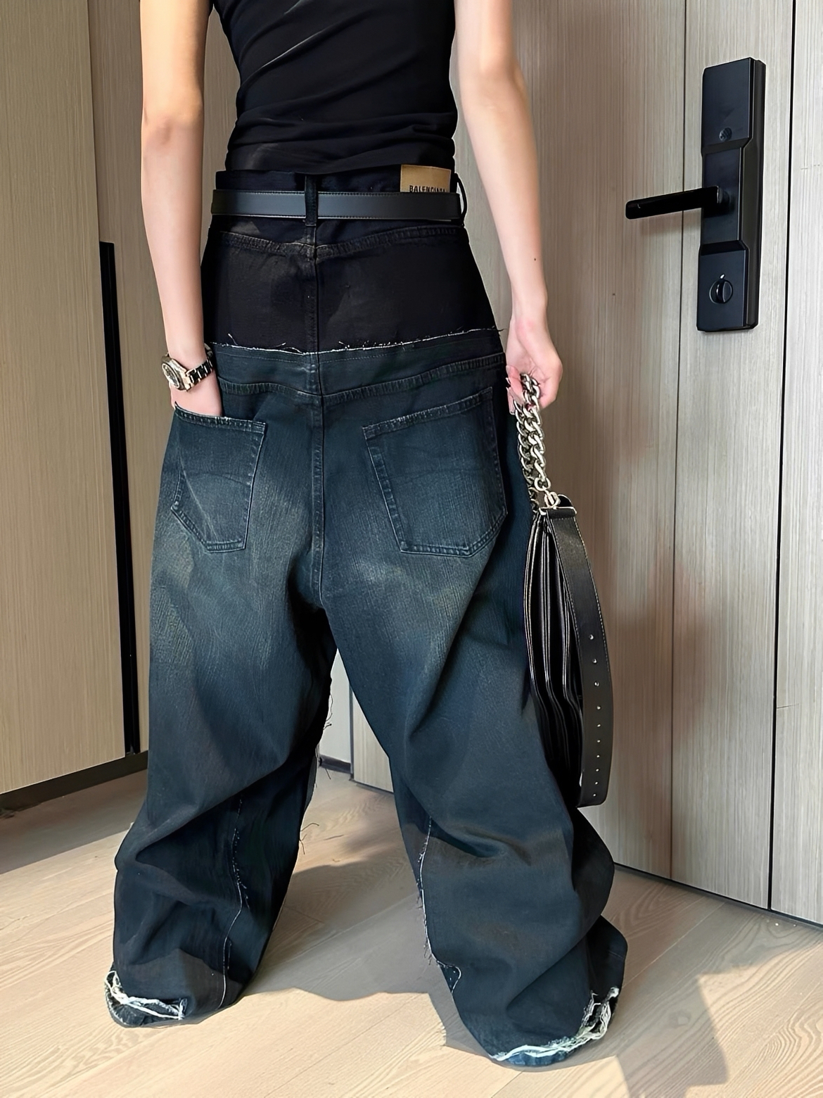 水洗 紋理 拼接 假兩件 設計 牛仔褲