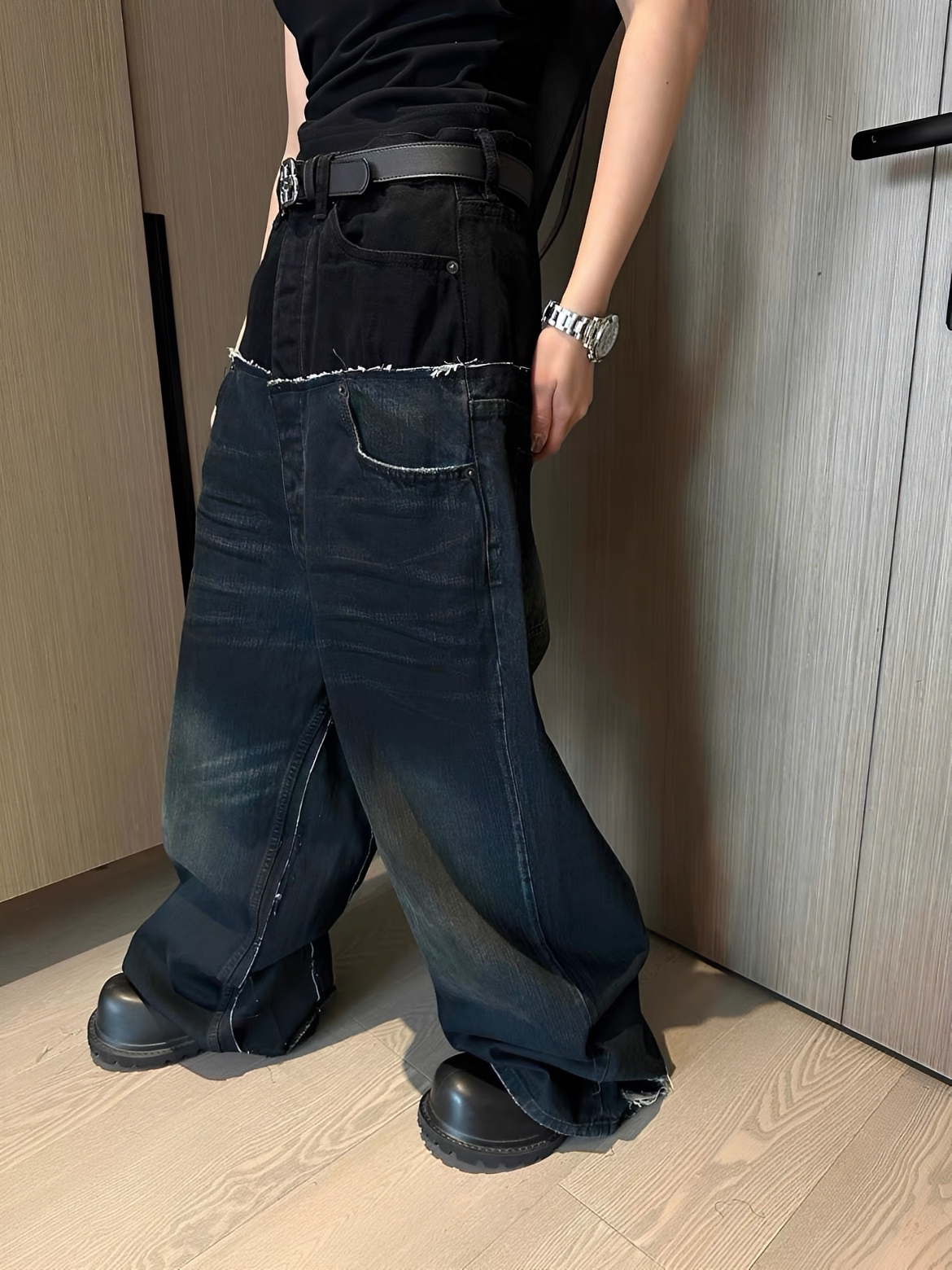 水洗 紋理 拼接 假兩件 設計 牛仔褲