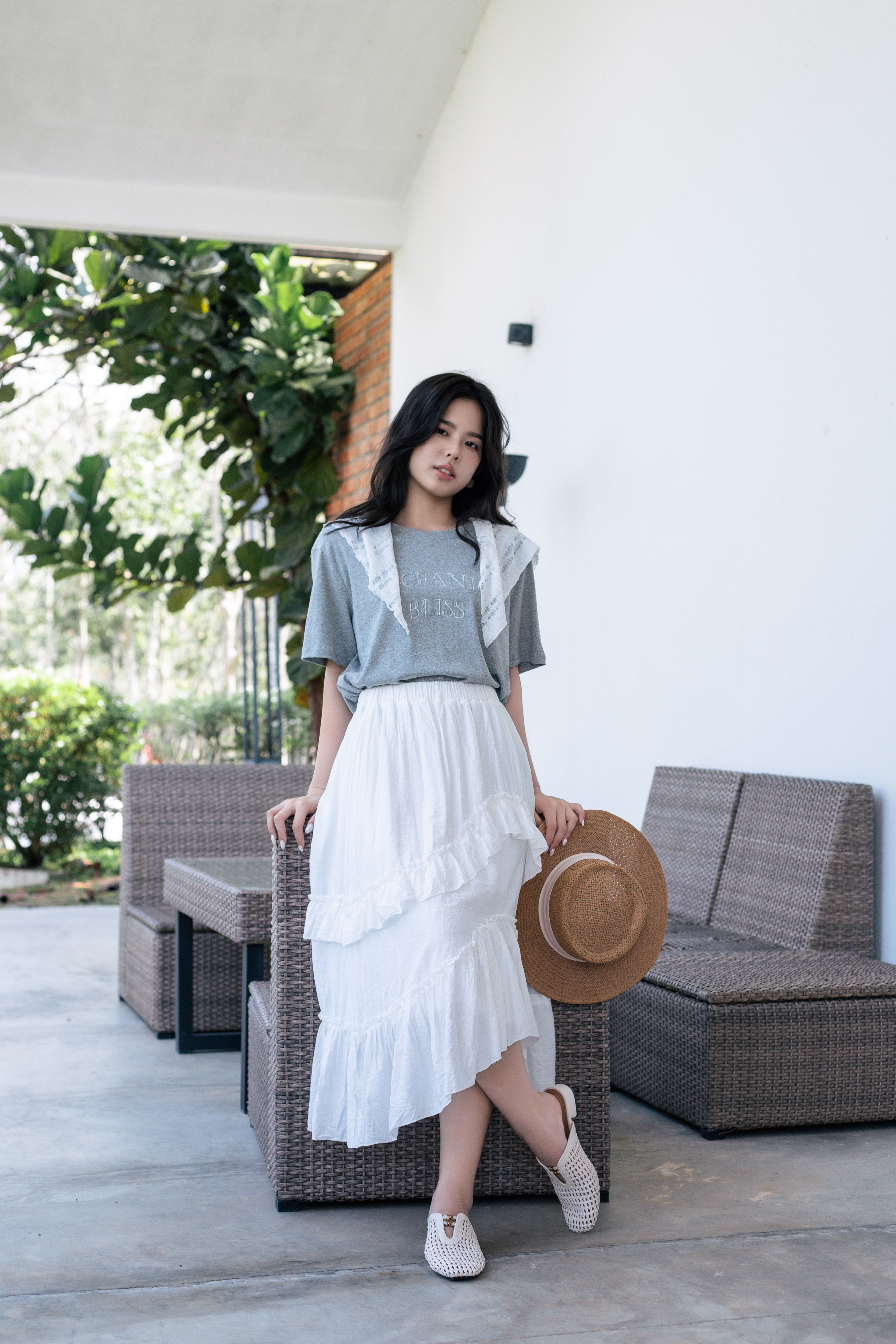 Ginea Stitchline Relaxed Tee Grey ( with scarf) -2815TSGRY