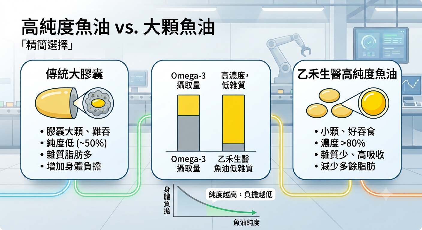 買錯魚油純度危機:傳統大膠囊魚油純度僅 50% 且雜質脂肪多、增加身體負擔;推薦乙禾生醫超臨界魚油,純度高於 80% 小顆好吞食。