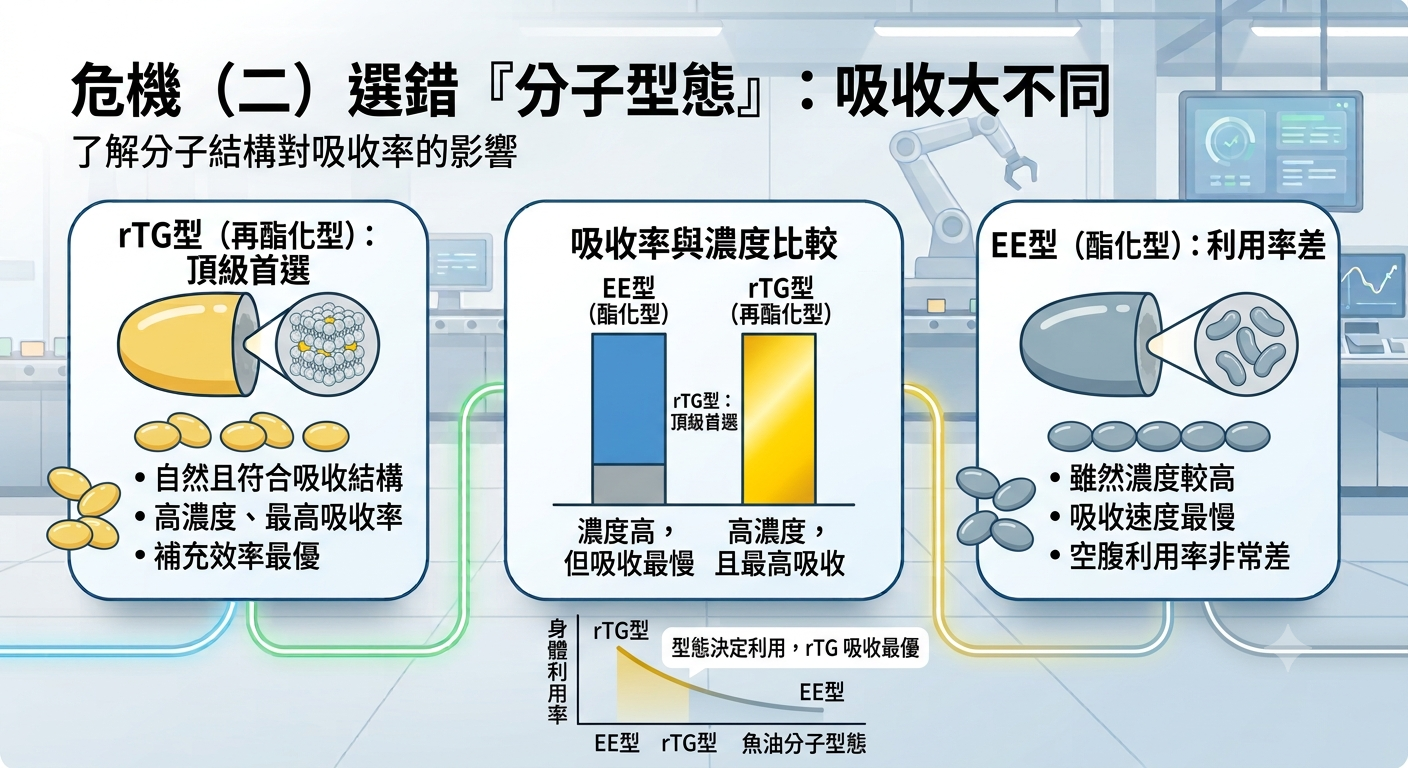 魚油分子型態選錯危機:EE型酯化魚油空腹利用率差、吸收慢;乙禾生醫超臨界魚油採用頂級 rTG 型再酯化結構,打造最高吸收率。