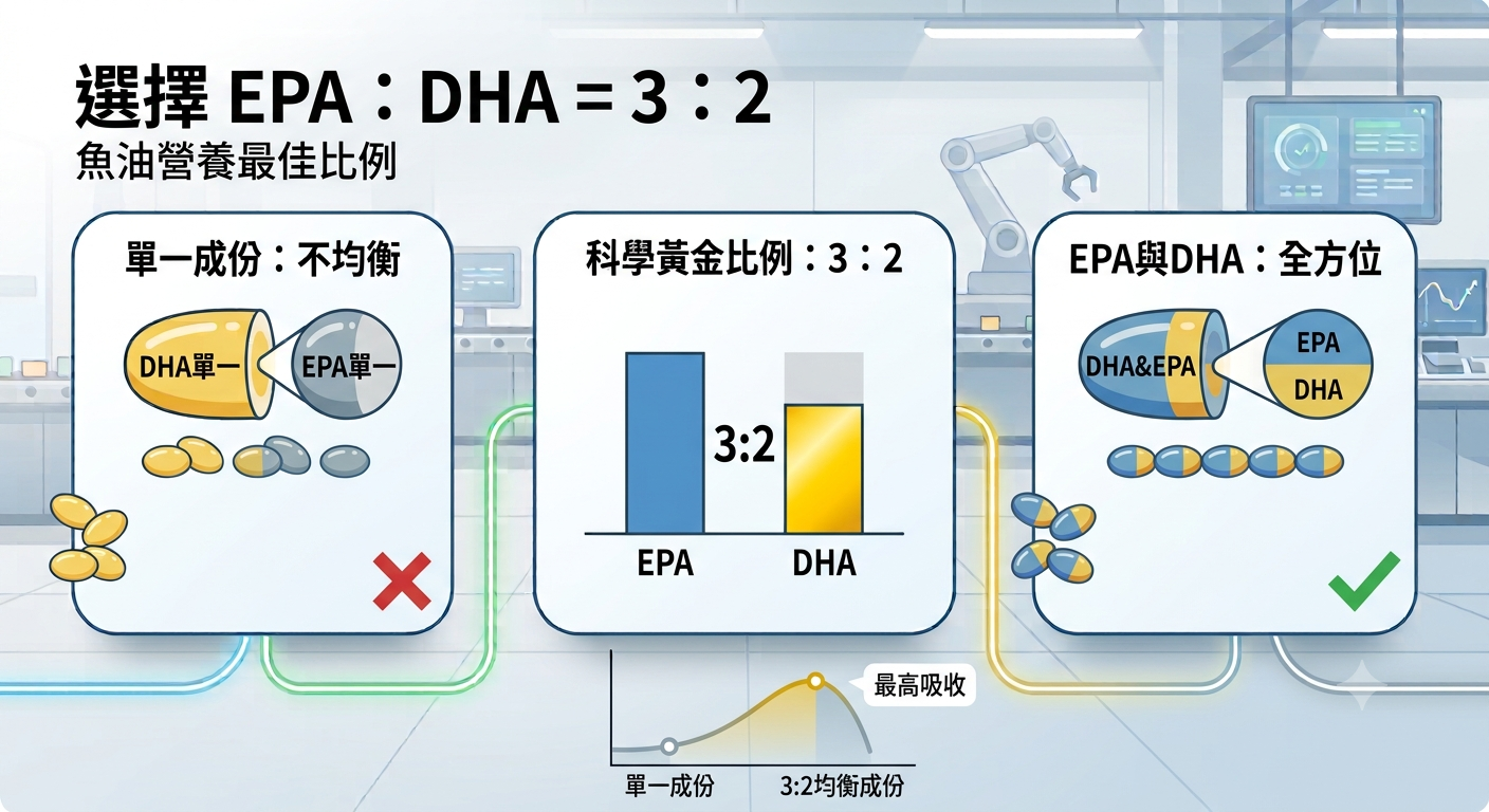 魚油成分不均衡危機:單一成分 DHA 或 EPA 無法全方位照顧健康;推薦乙禾生醫超臨界魚油的科學黃金比例 EPA 比 DHA 為 3 比 2。