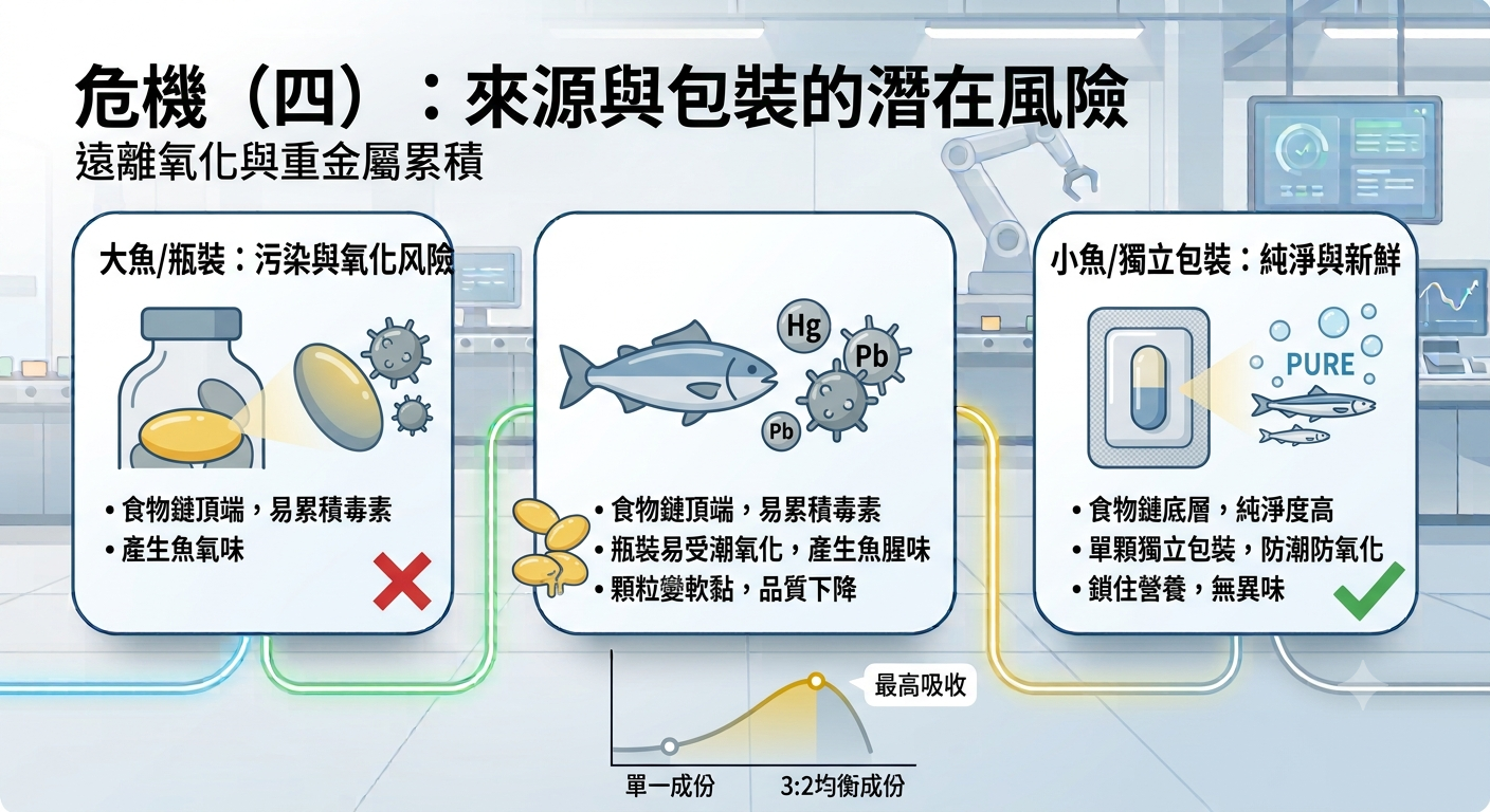魚油來源與包裝氧化危機:大魚瓶裝易累積重金屬毒素與受潮變黏;乙禾生醫超臨界魚油嚴選小魚並搭配獨立防潮包裝,遠離重金屬風險。