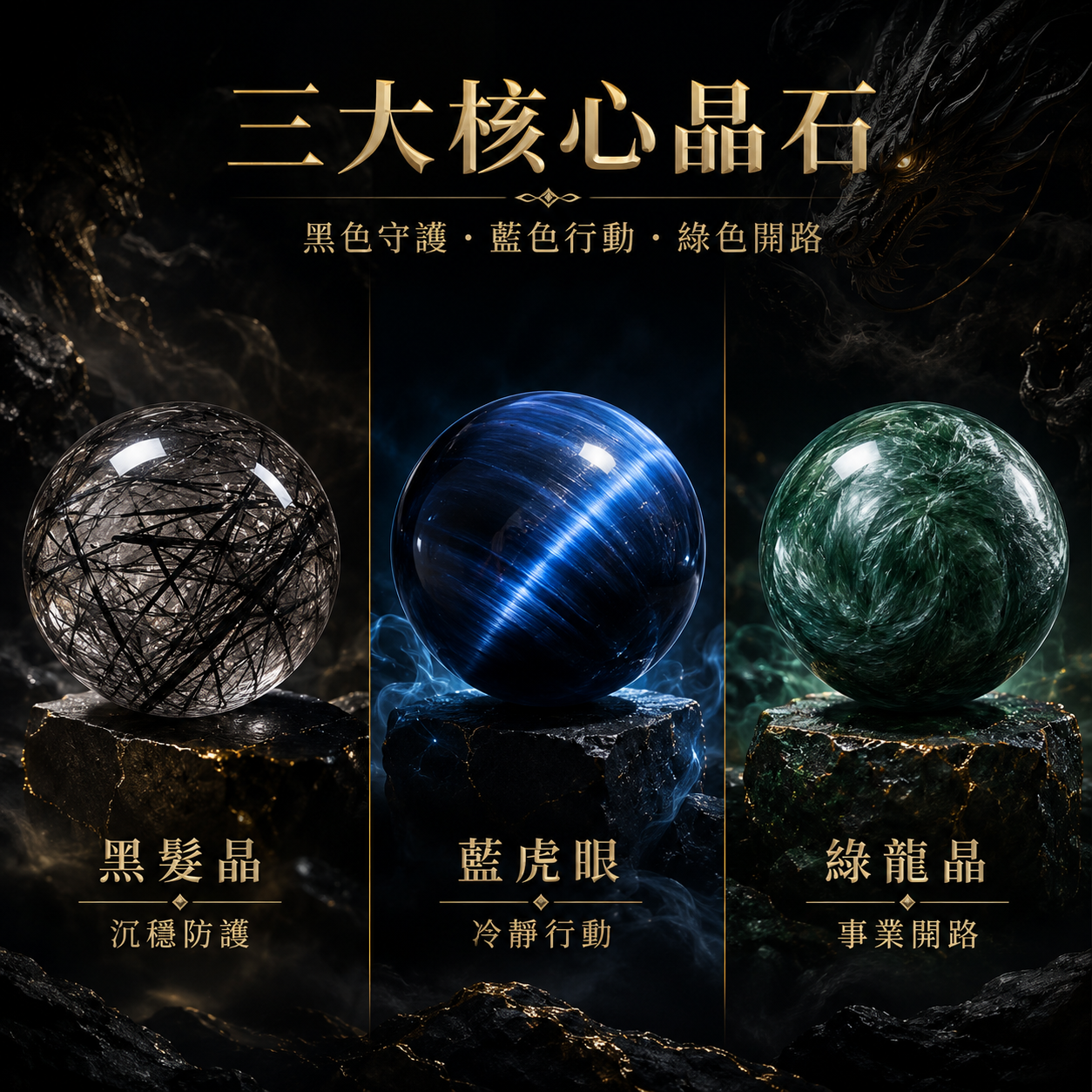 黑髮晶藍虎眼綠龍晶水晶介紹圖,三大核心晶石能量介紹,黑髮晶沉穩防護,藍虎眼冷靜行動,綠龍晶事業開路,暗黑系霸氣水晶廣告圖,黑色守護藍色行動綠色開路,天然水晶能量解析,男生水晶手鍊核心水晶介紹,黑髮晶黑色針狀內含物,藍虎眼黑藍色貓眼光,綠龍晶深綠絲絹紋理,黑金奢華風格水晶電商海報。