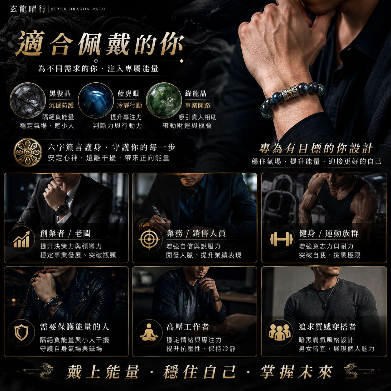 男生水晶手鍊佩戴需求,黑髮晶藍虎眼綠龍晶六字箴言手鍊,適合創業者老闆業務銷售高壓工作者佩戴,暗黑系霸氣水晶手鍊電商圖,男模特兒佩戴黑色水晶手鍊,黑髮晶沉穩防護,藍虎眼冷靜行動,綠龍晶事業開路,六字箴言護身,適合需要保護能量、穩定氣場、提升專注力、開發人脈與展現男性質感穿搭的人。