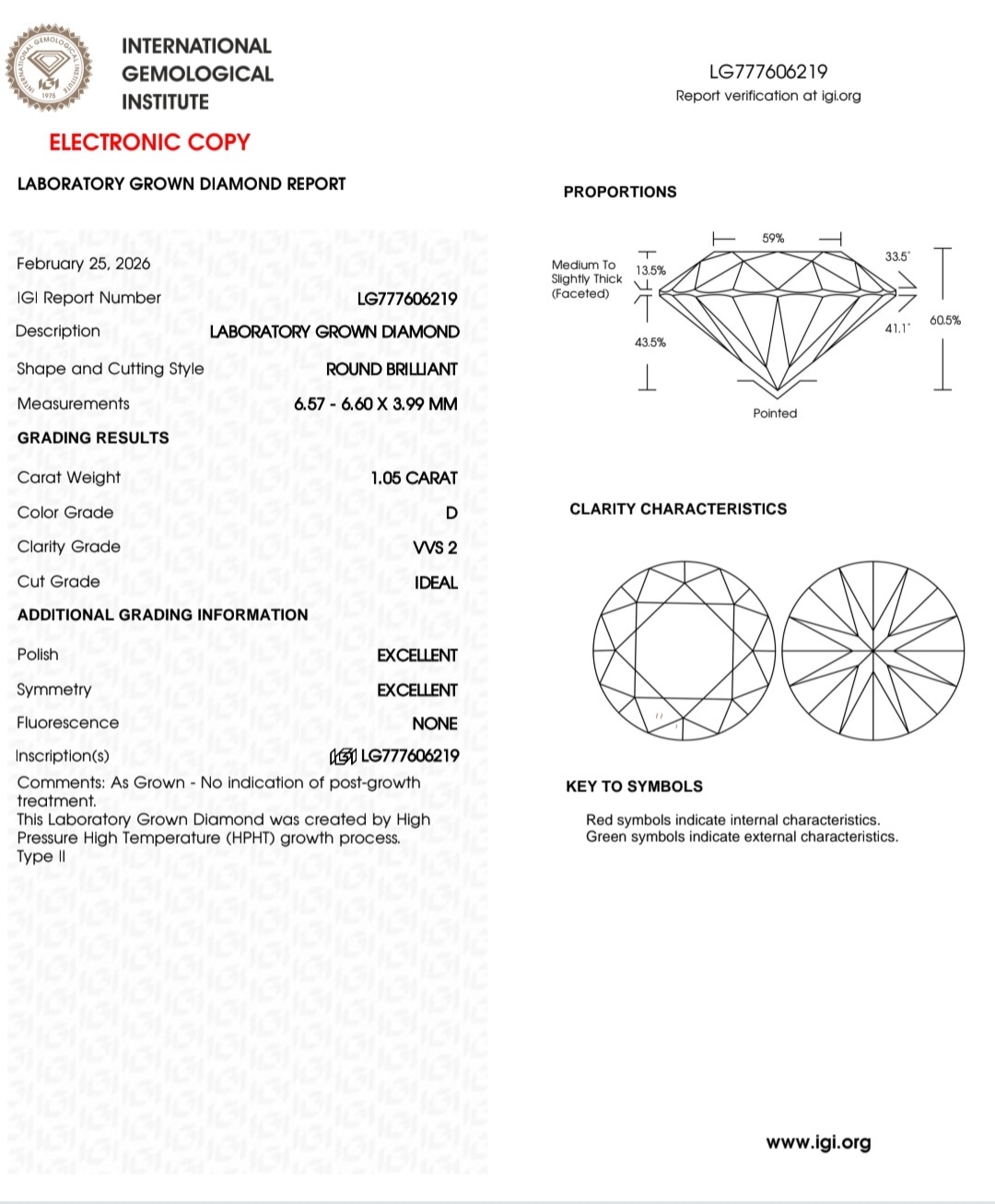 1.05 D VVS2 IDEAL 2EX NON IGI LAB GROWN DIAMOND