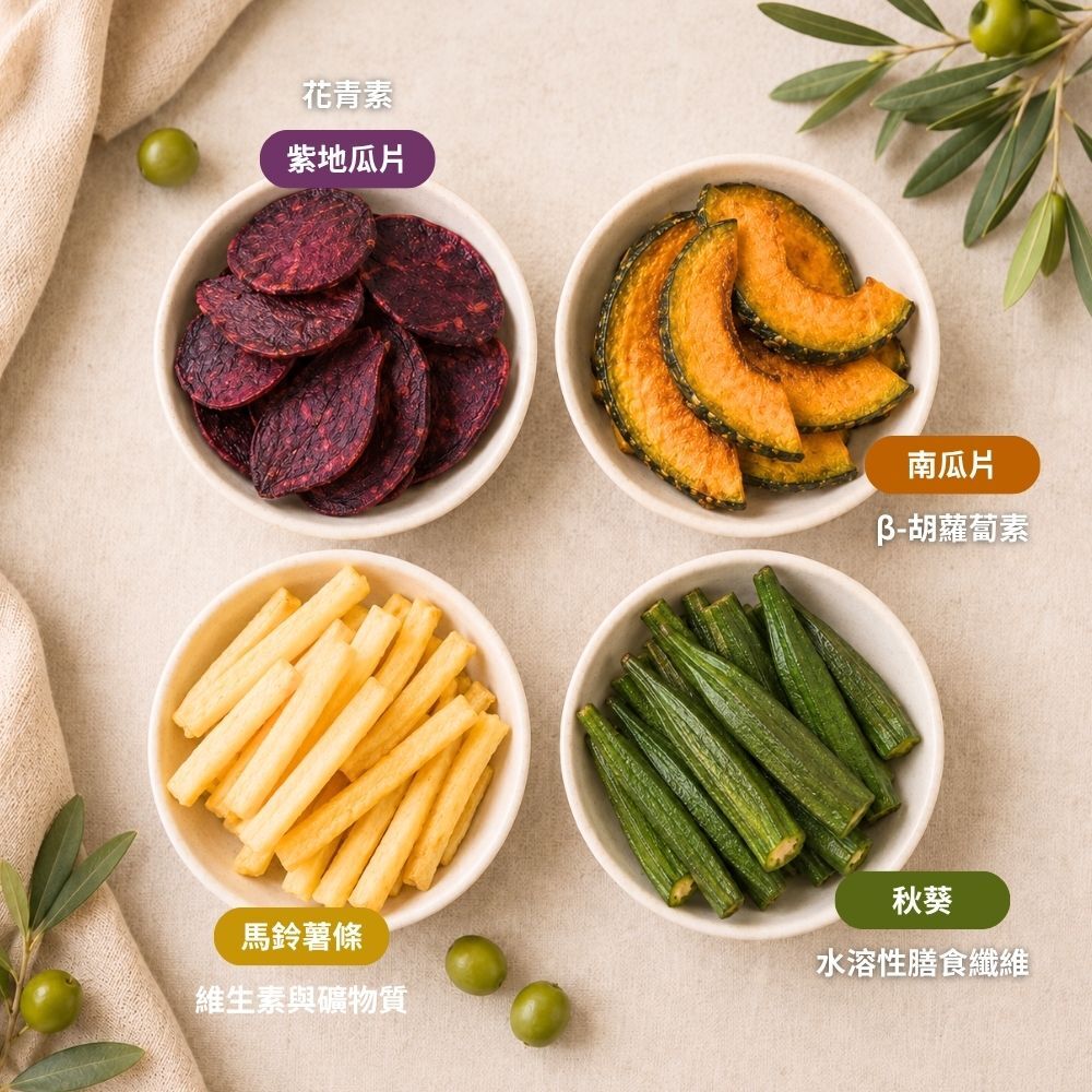 有橄生活四款原切蔬菜脆片組合-冷壓初榨橄欖油馬鈴薯條、純味秋葵、南瓜片、紫地瓜片