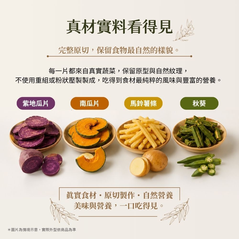 真實蔬菜整顆原切真材實料-拒絕重組食材或粉狀壓製保留食材原始風味與纖維