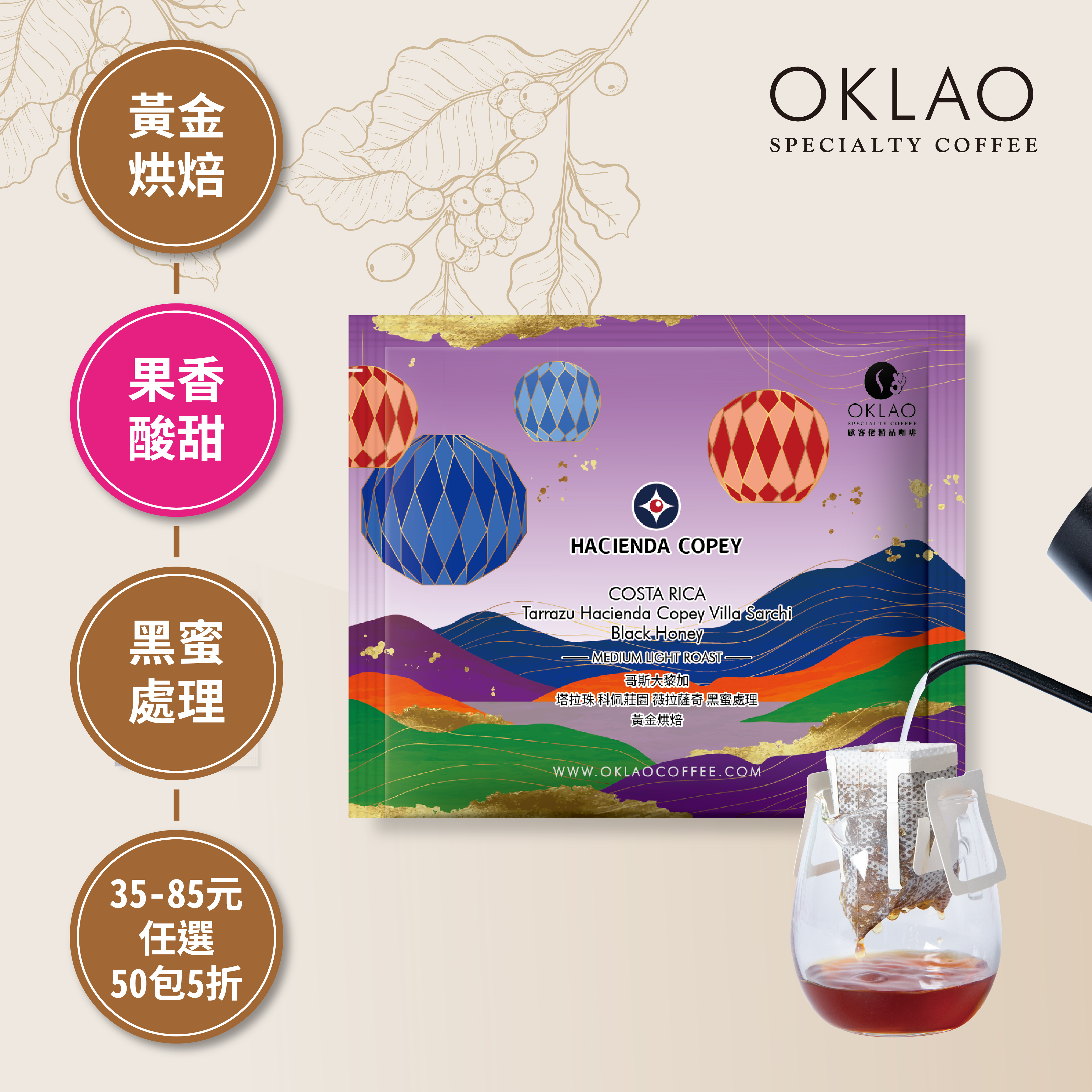 哥斯大黎加 塔拉珠 科佩莊園 薇拉薩奇 黑蜜處理 濾掛咖啡(10g/包)｜黃金烘焙