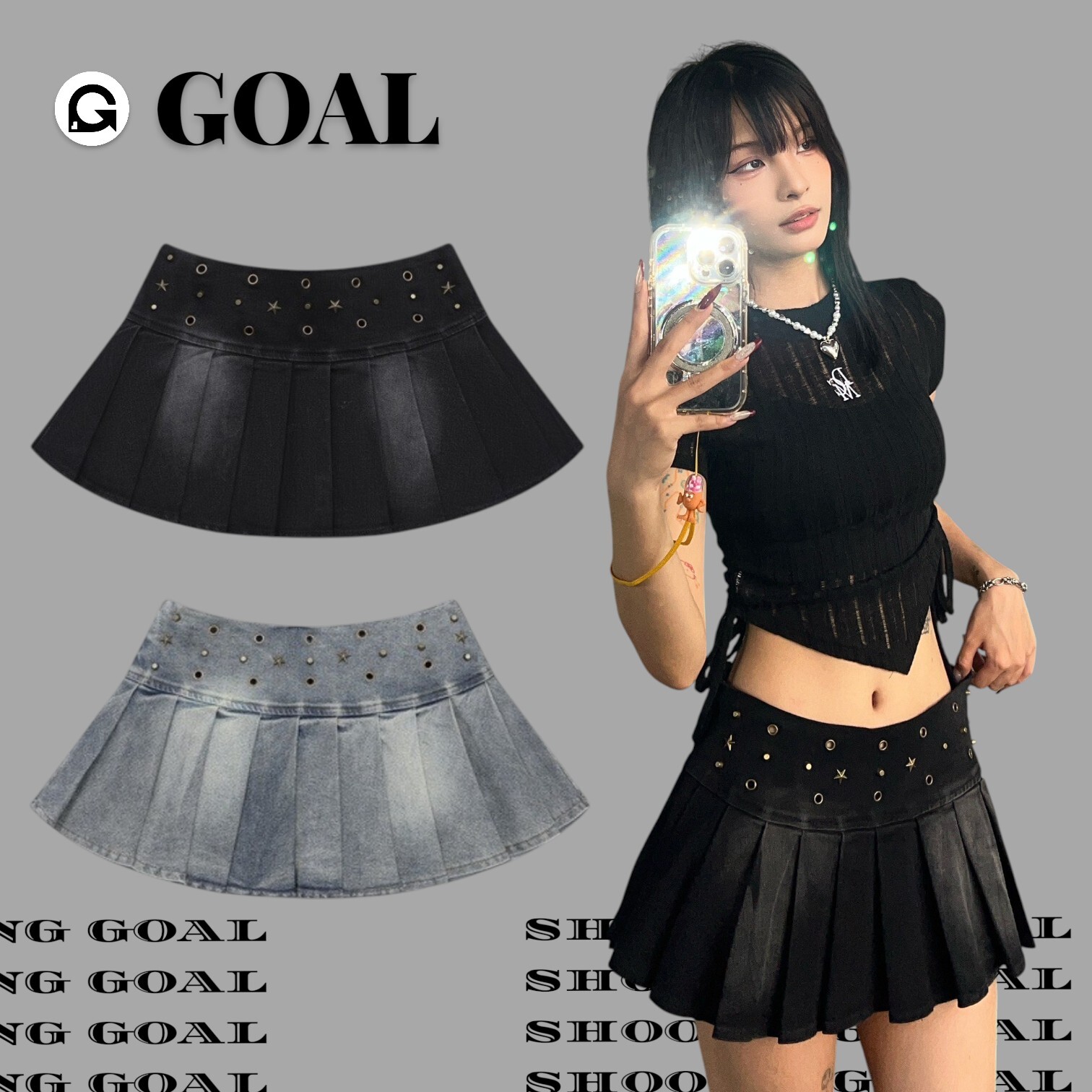 (GOAL) 復古鉚釘百褶牛仔短裙 10363