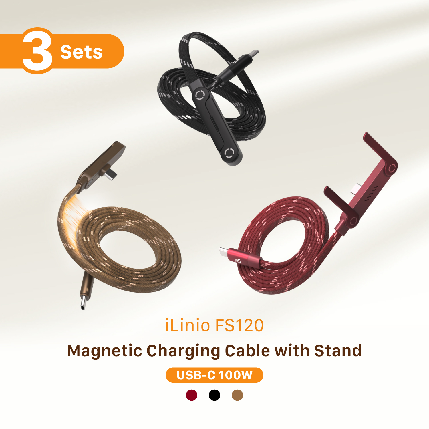 iLinio FS120 USB-C 100W Magnetic Charging Cable with stand [3 Sets]
