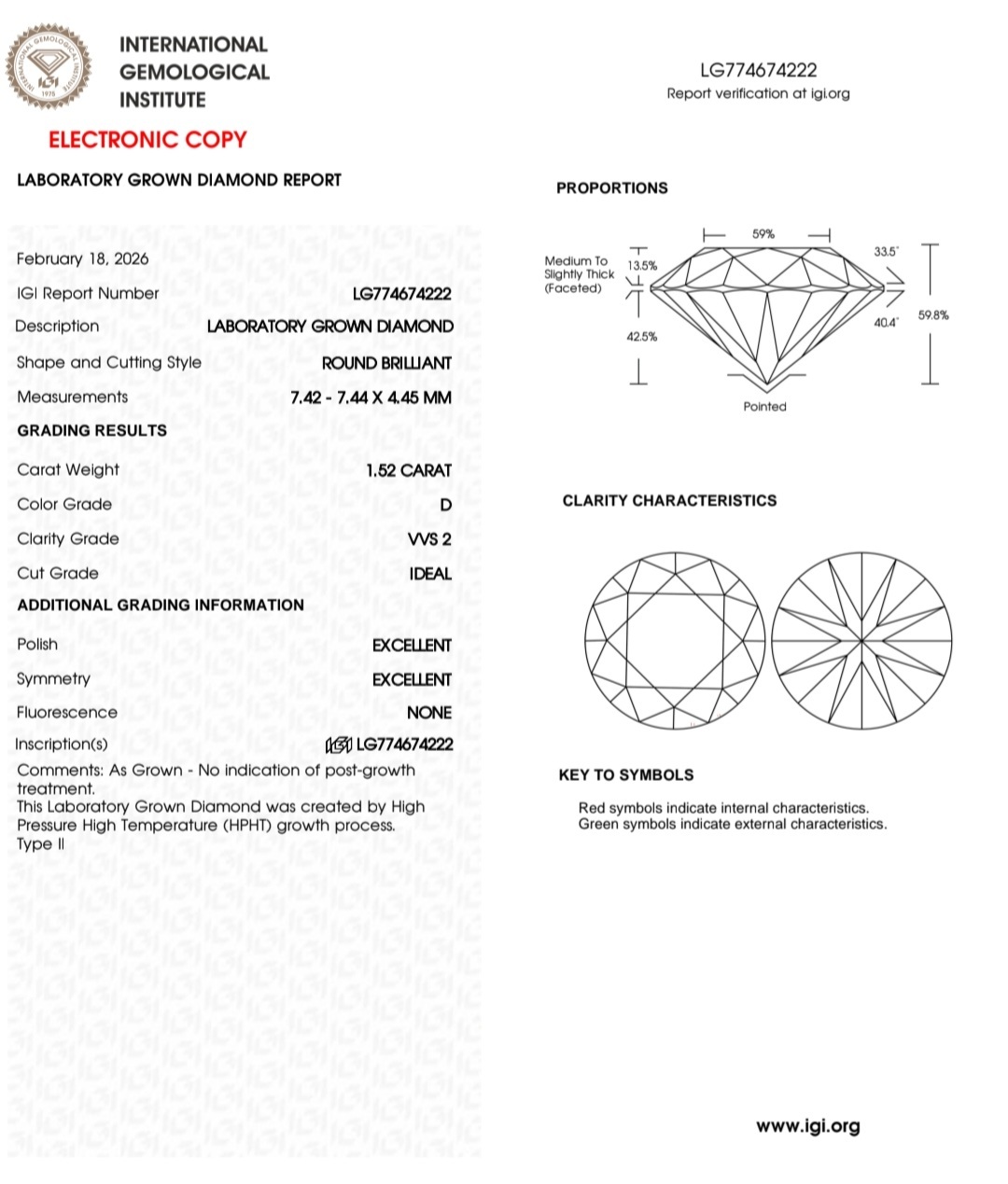 1.52 D VVS2 IDEAL 2EX NON IGI LAB GROWN DIAMOND