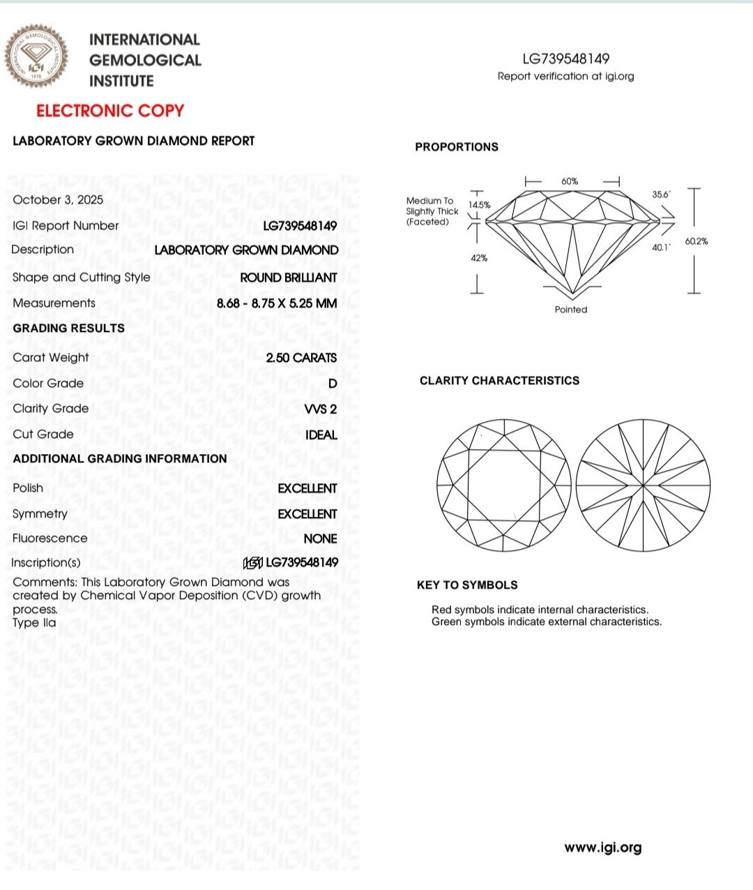 2.50 D VVS2 IDEAL 2EX NON IGI LAB GROWN DIAMOND