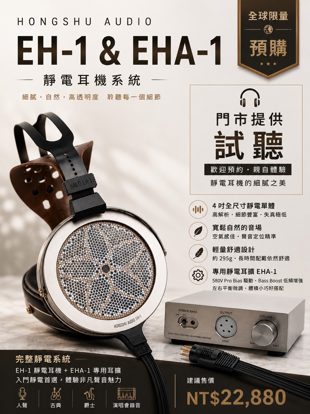 【預購】虹曙音響 Halo Acoustics EH-1 & EHA-1 V4 靜電耳罩耳機系統組合 4吋靜電單元架構