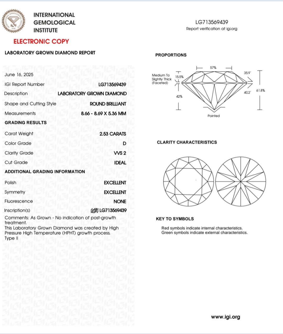 2.53 D VVS2 IDEAL 2EX NON IGI LAB GROWN DIAMOND