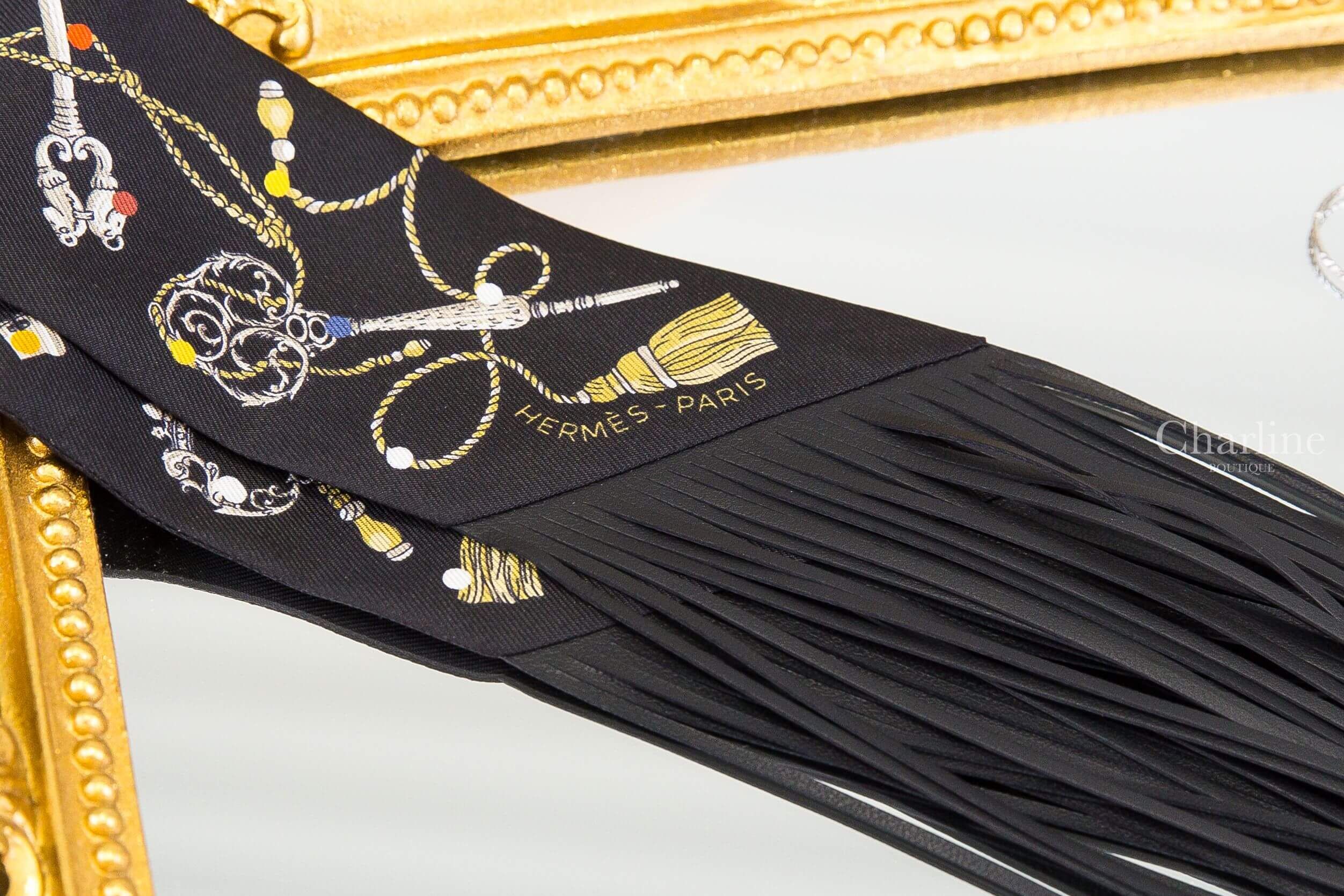 Hermès Les Cles A Pois Leather Fringes Twilly 黑色/古銅色/白色圓點鑰匙皮革流蘇絲巾